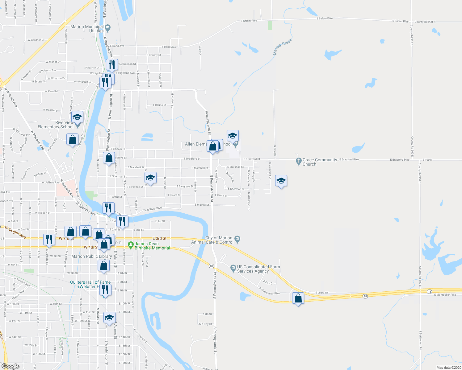 map of restaurants, bars, coffee shops, grocery stores, and more near 301 Brinker Drive in Marion