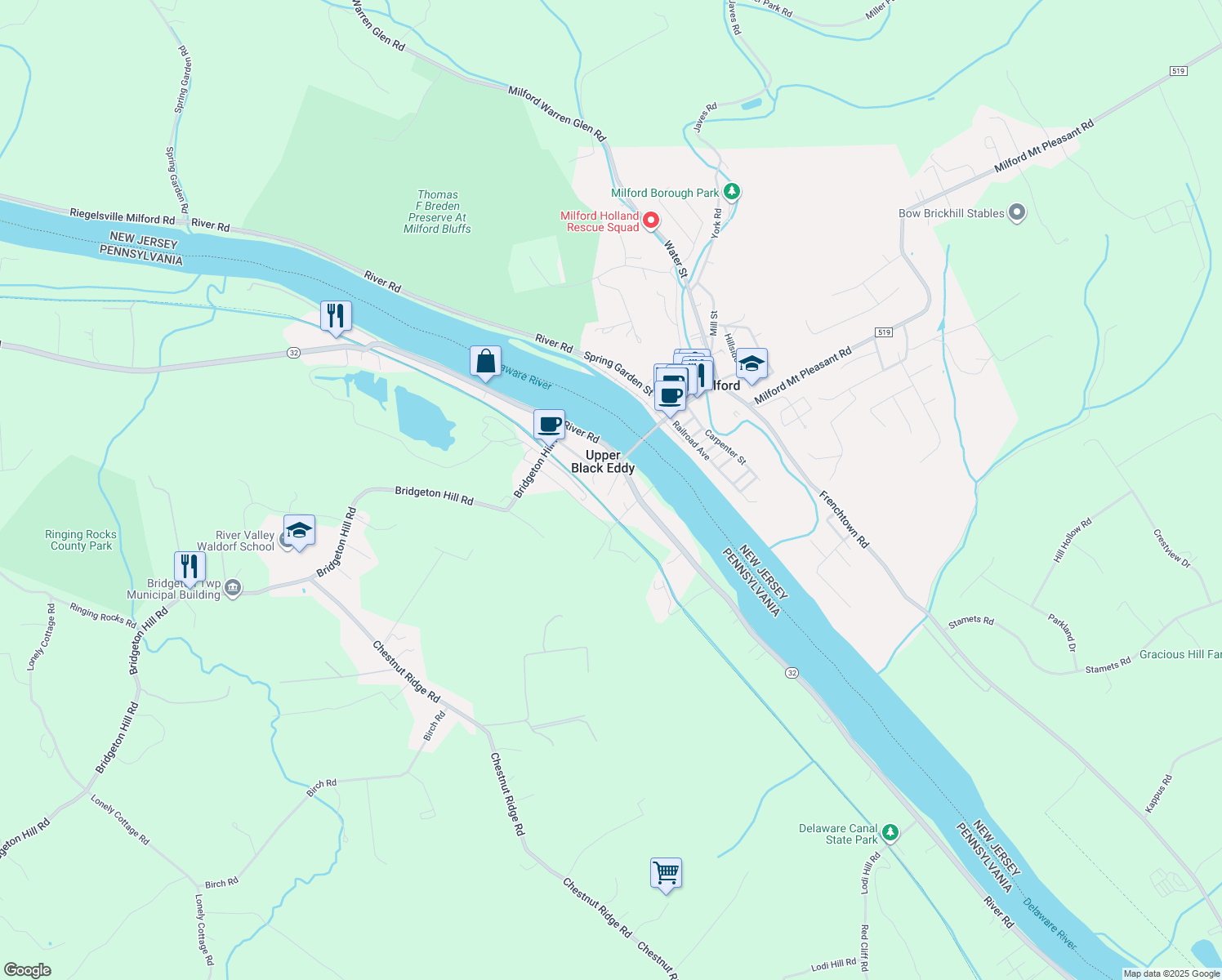 map of restaurants, bars, coffee shops, grocery stores, and more near 1711 Bridge Lane in Upper