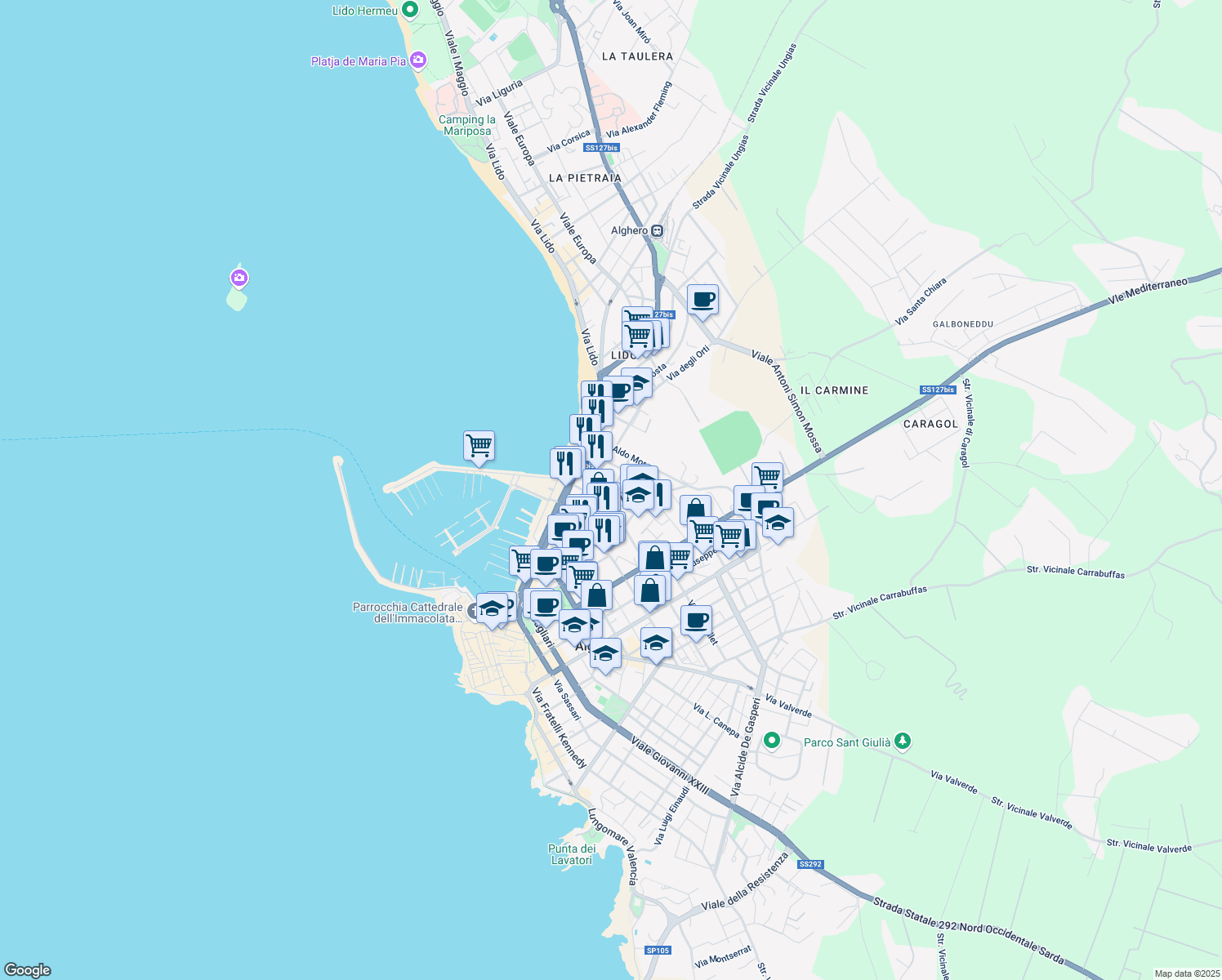 map of restaurants, bars, coffee shops, grocery stores, and more near 23 Via Goceano in Alghero