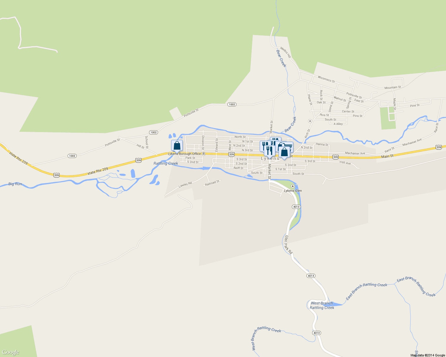 map of restaurants, bars, coffee shops, grocery stores, and more near 430 S 2nd St in Lykens