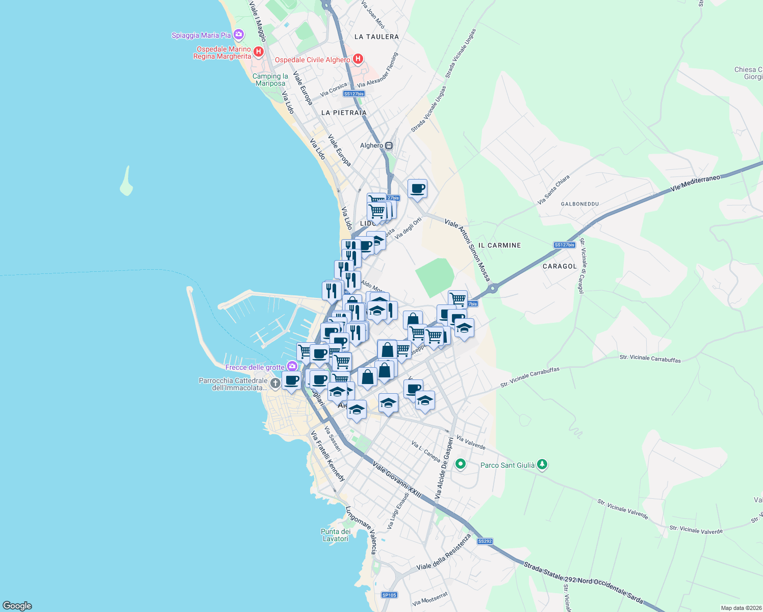 map of restaurants, bars, coffee shops, grocery stores, and more near 14 Via Goceano in Alghero