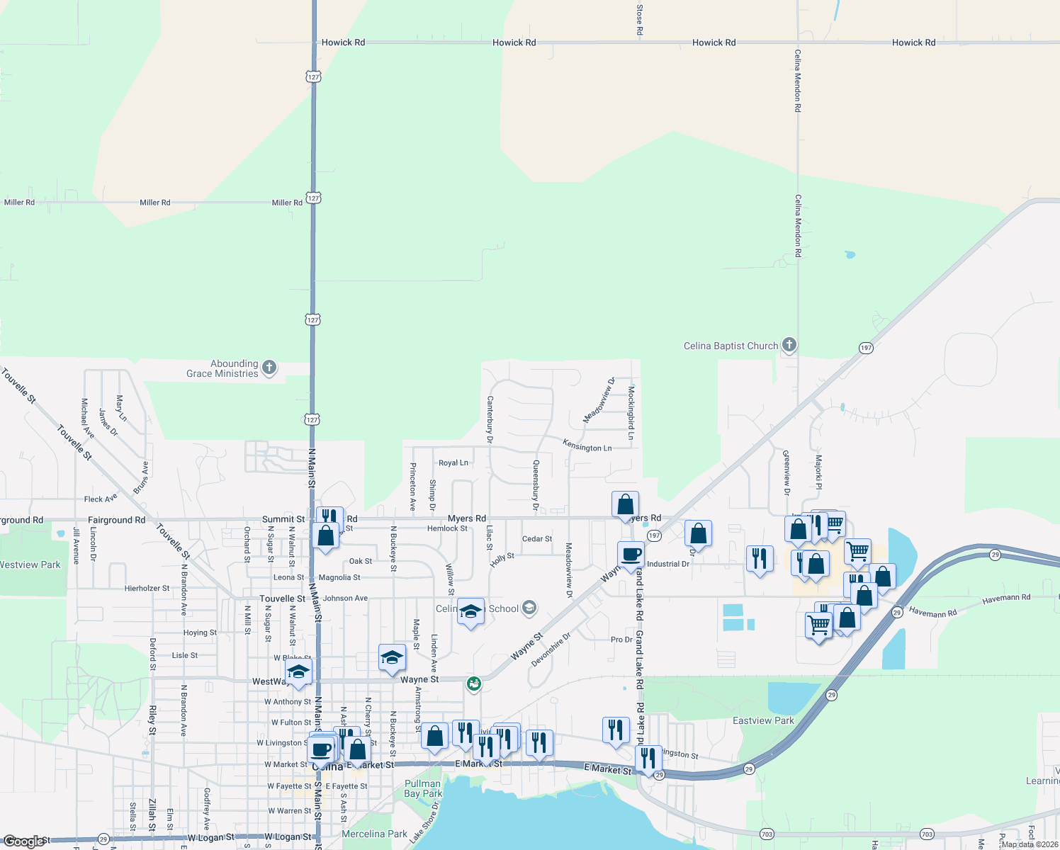 map of restaurants, bars, coffee shops, grocery stores, and more near 906 Ivy Ln in Celina