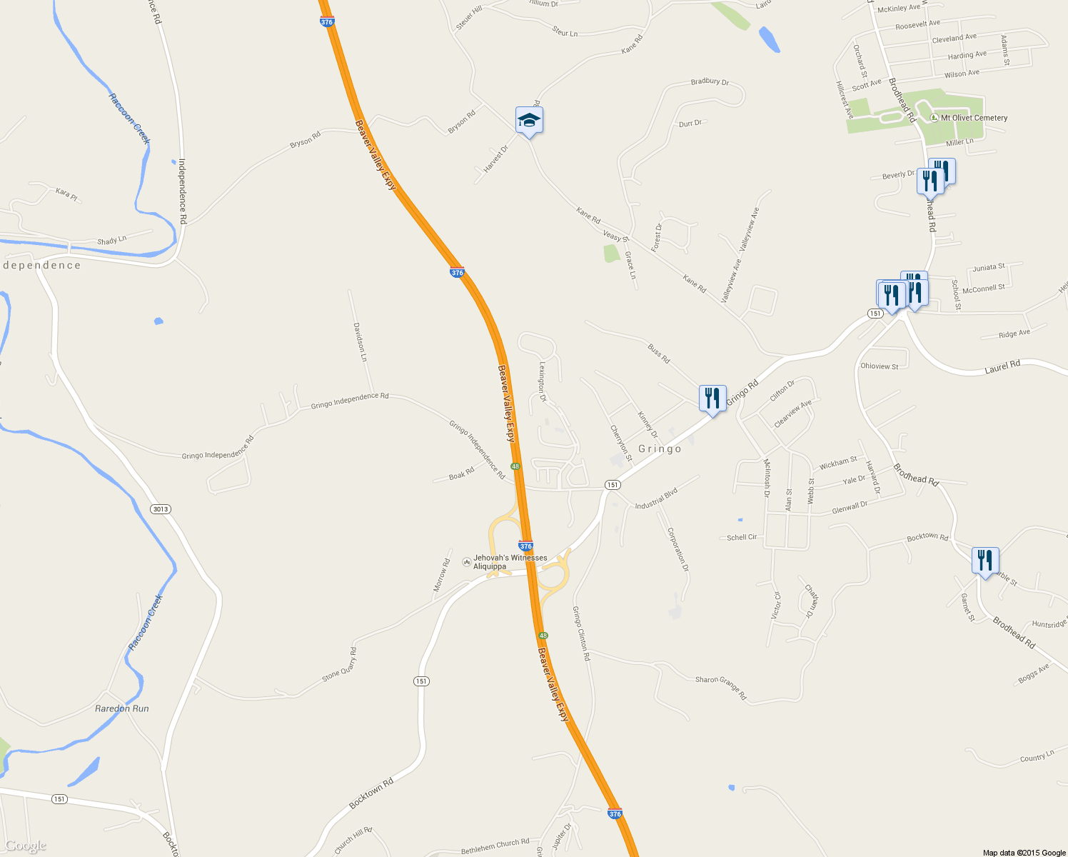 map of restaurants, bars, coffee shops, grocery stores, and more near 5046 Hamilton Drive in Aliquippa