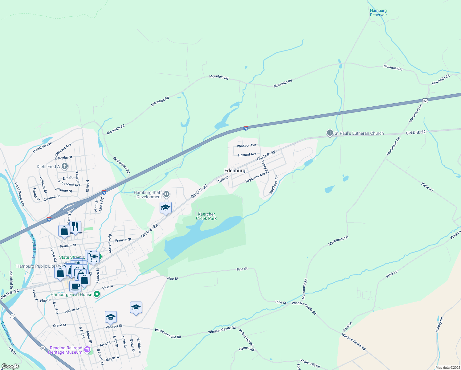 map of restaurants, bars, coffee shops, grocery stores, and more near 205 Mabel Lane in Hamburg