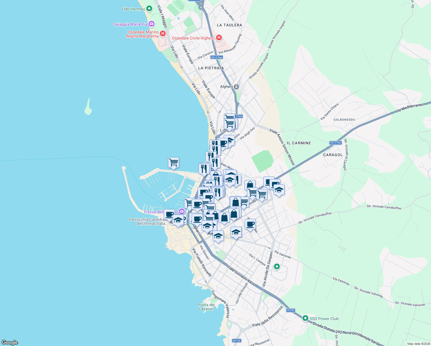 map of restaurants, bars, coffee shops, grocery stores, and more near 45 Via degli Orti in Alghero