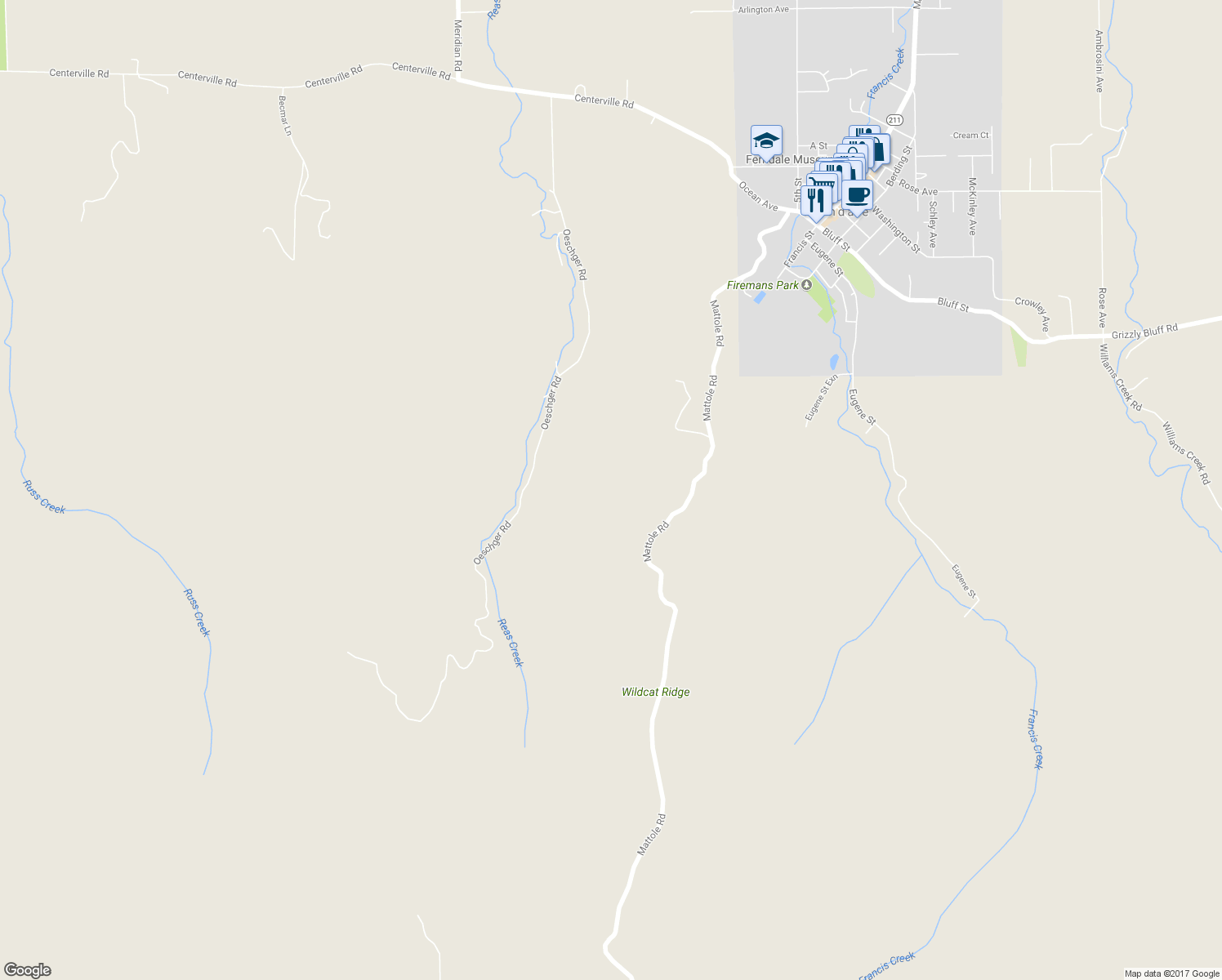map of restaurants, bars, coffee shops, grocery stores, and more near 763 Oeschger Road in Ferndale
