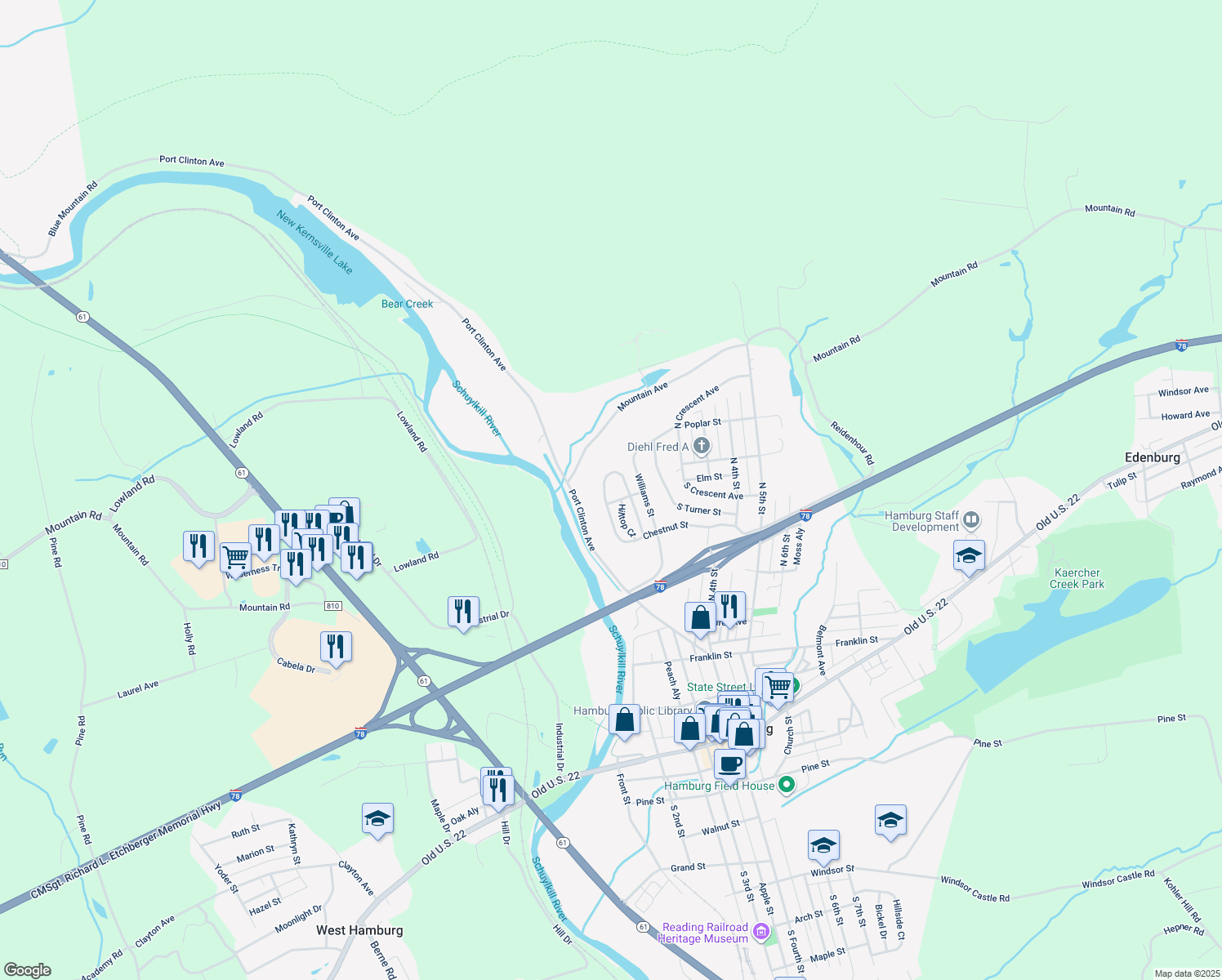 map of restaurants, bars, coffee shops, grocery stores, and more near 103 Winterson Drive in Hamburg