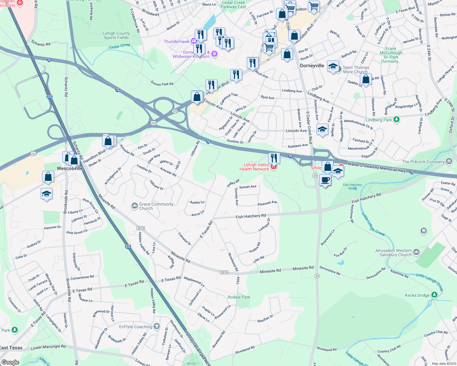 map of restaurants, bars, coffee shops, grocery stores, and more near 3959 E Texas Rd in Allentown
