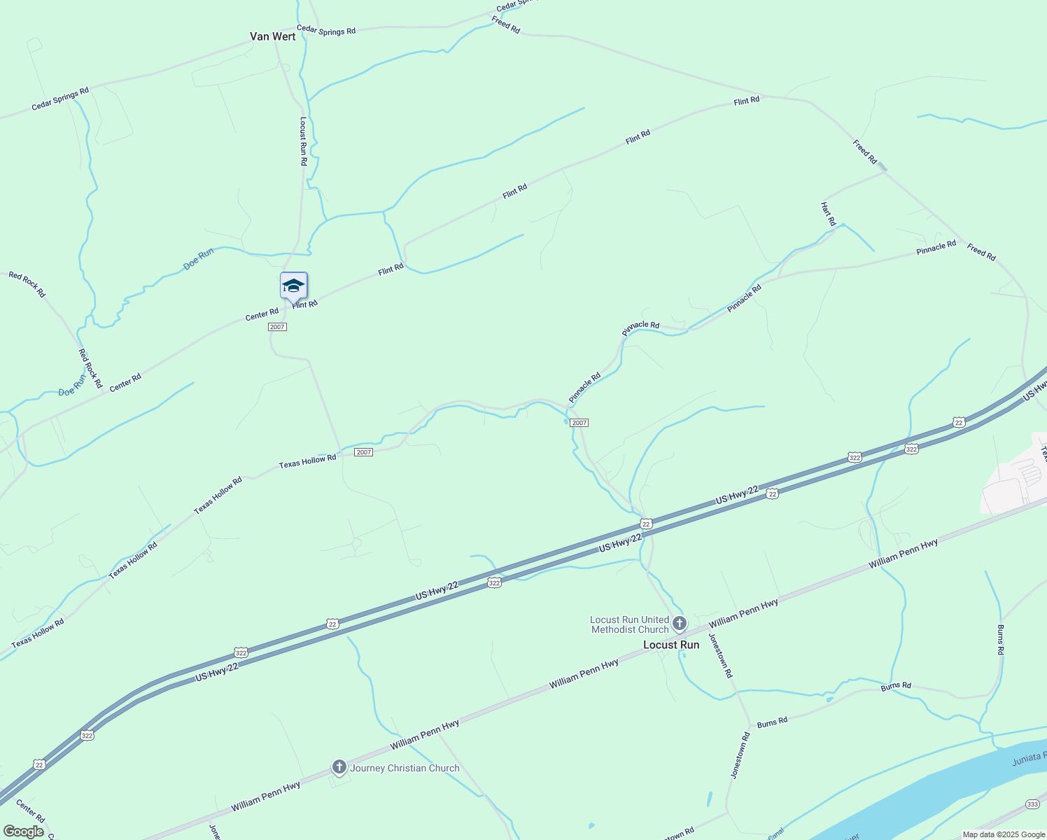 map of restaurants, bars, coffee shops, grocery stores, and more near 1017 Locust Run Road in Mifflintown