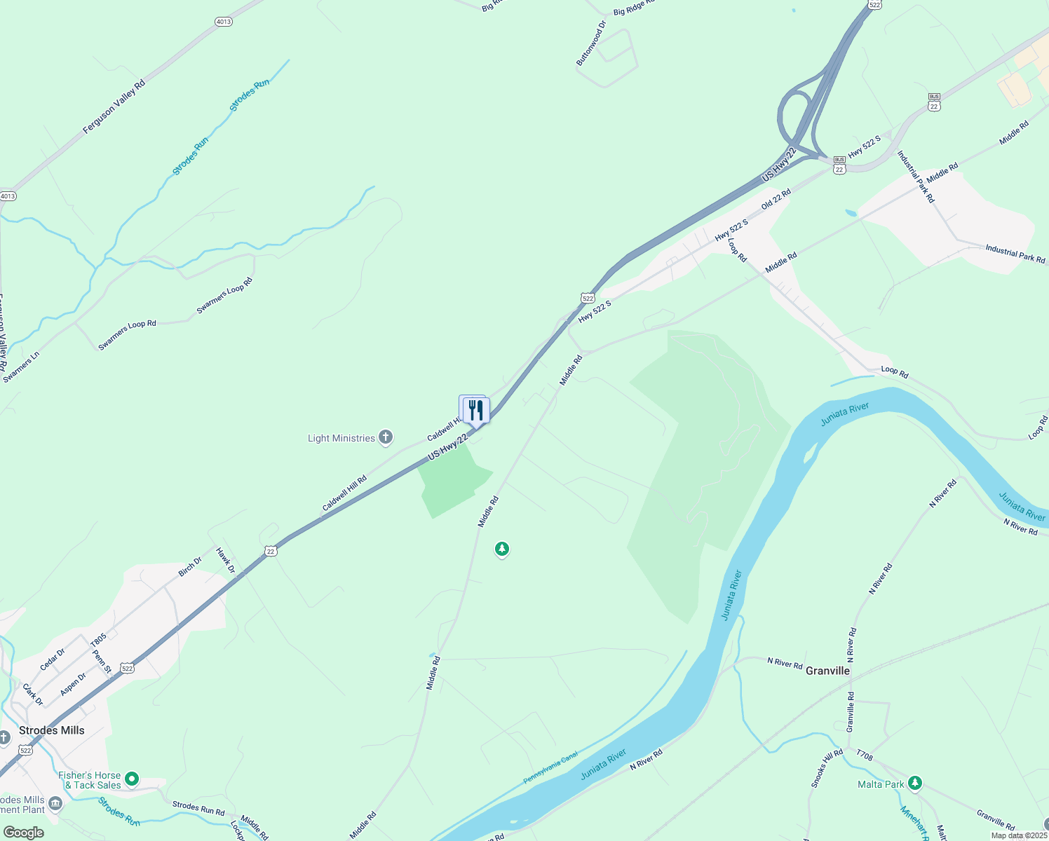 map of restaurants, bars, coffee shops, grocery stores, and more near 1345 Middle Road in Lewistown