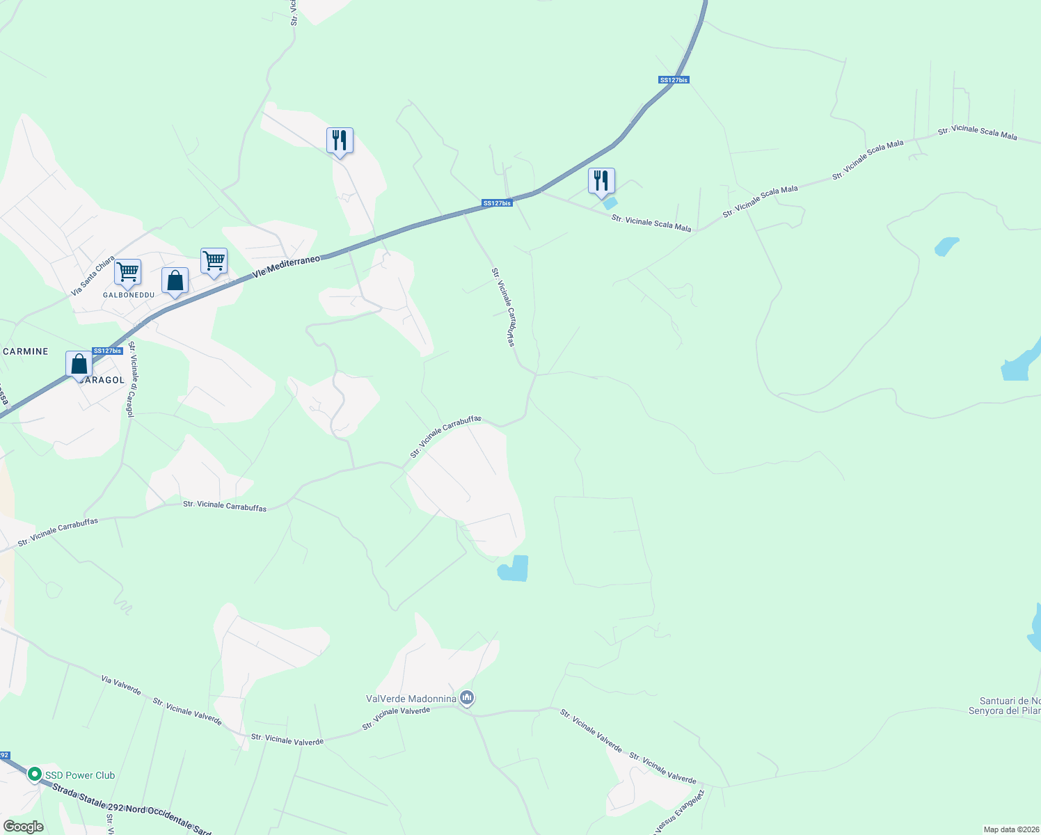 map of restaurants, bars, coffee shops, grocery stores, and more near 66 Strada Vicinale Carrabuffas in Provincia di Sassari