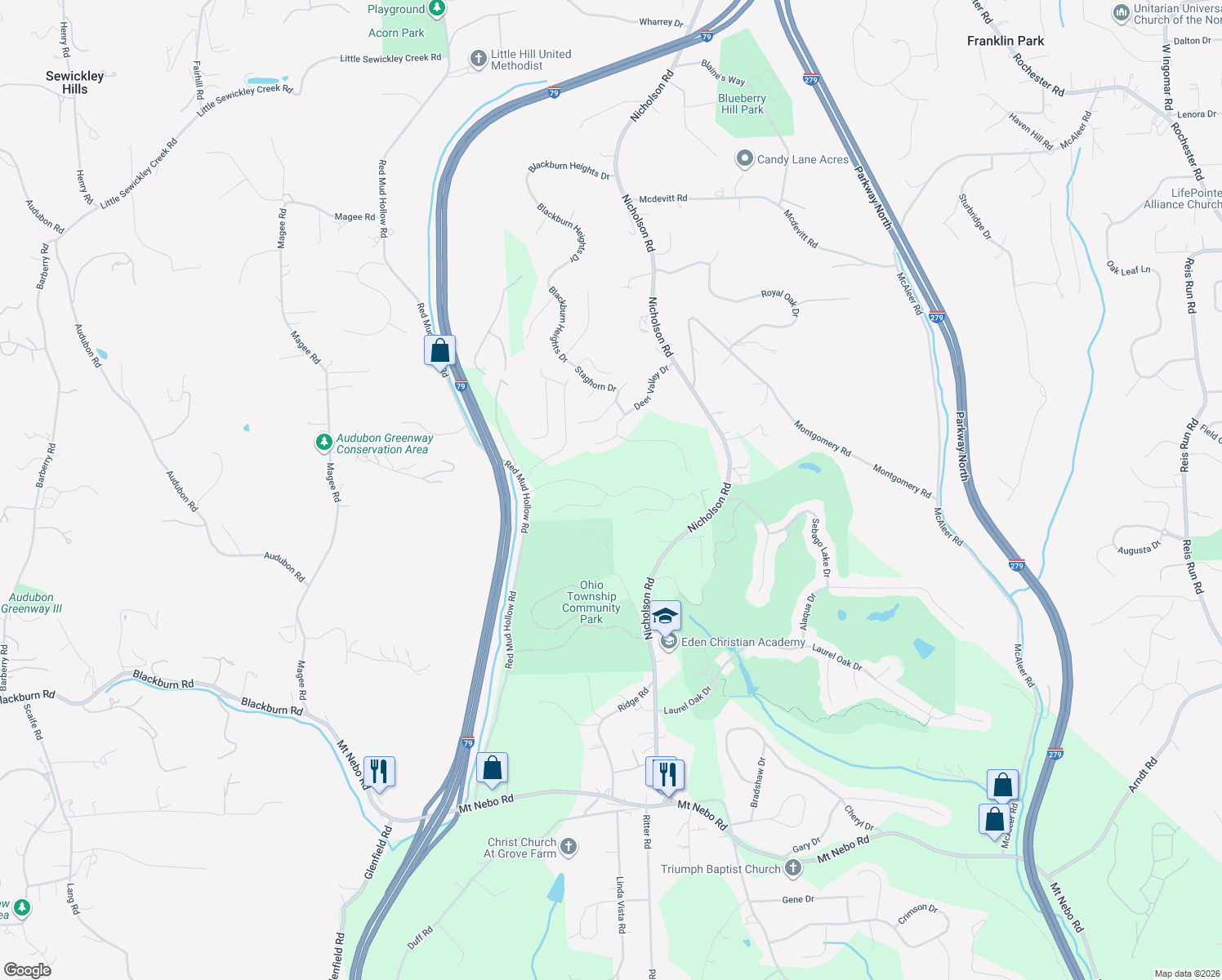map of restaurants, bars, coffee shops, grocery stores, and more near 147 Dana Drive in Sewickley