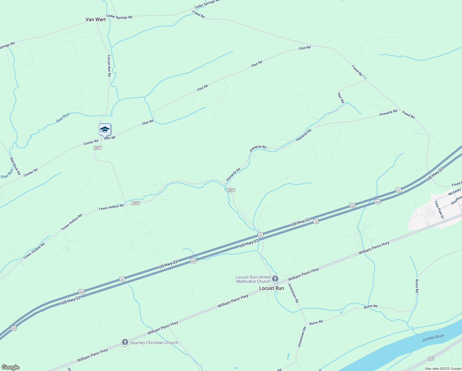 map of restaurants, bars, coffee shops, grocery stores, and more near 842 Locust Run Road in Mifflintown