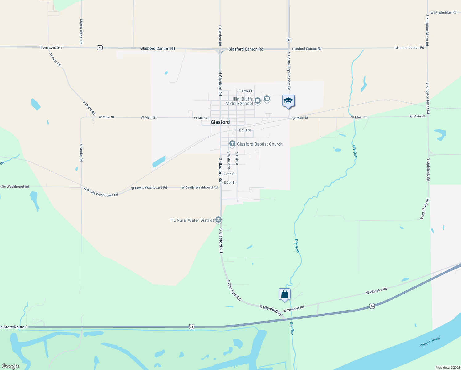 map of restaurants, bars, coffee shops, grocery stores, and more near 201 East 9th Street in Glasford