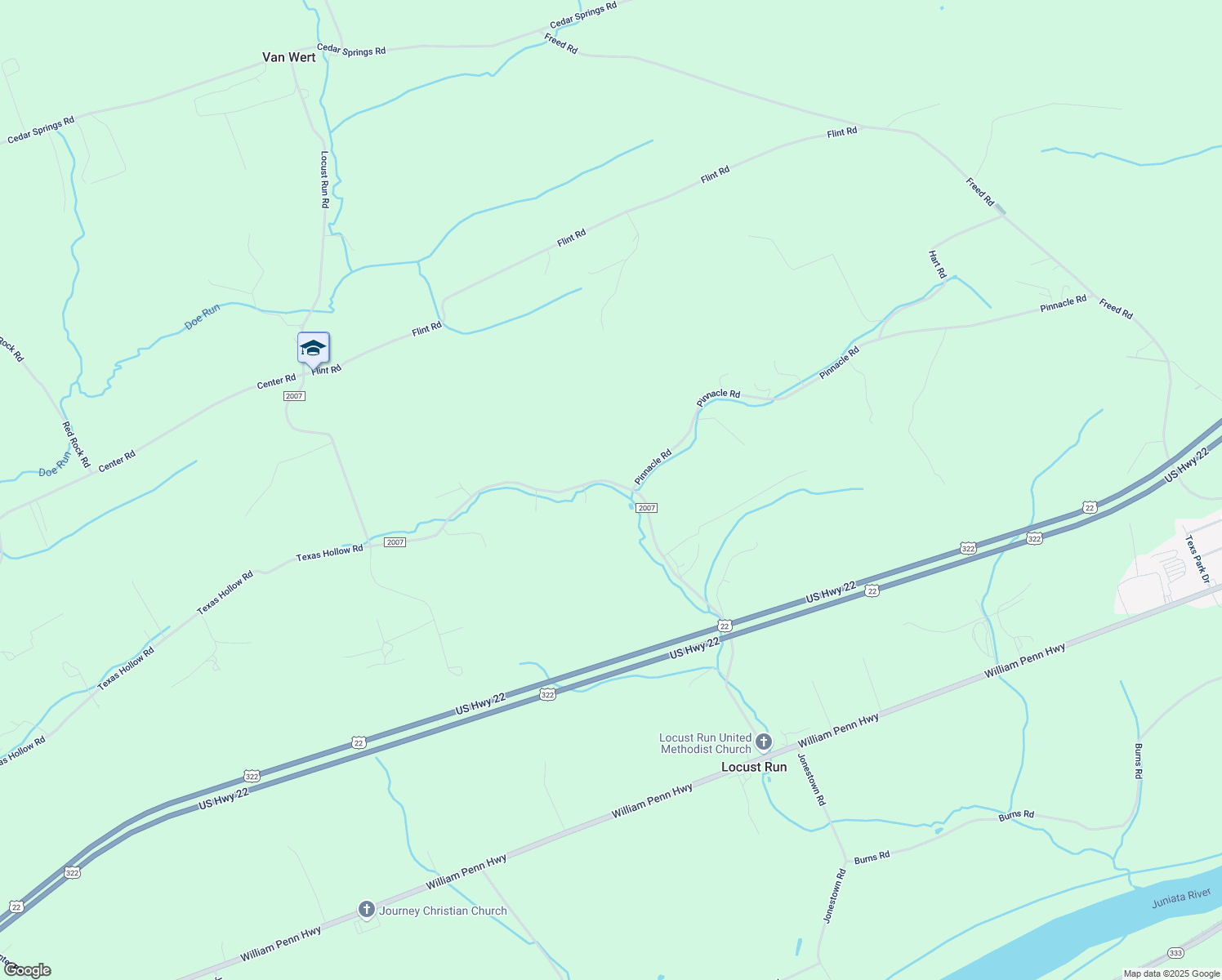 map of restaurants, bars, coffee shops, grocery stores, and more near 919 Locust Run Road in Mifflintown