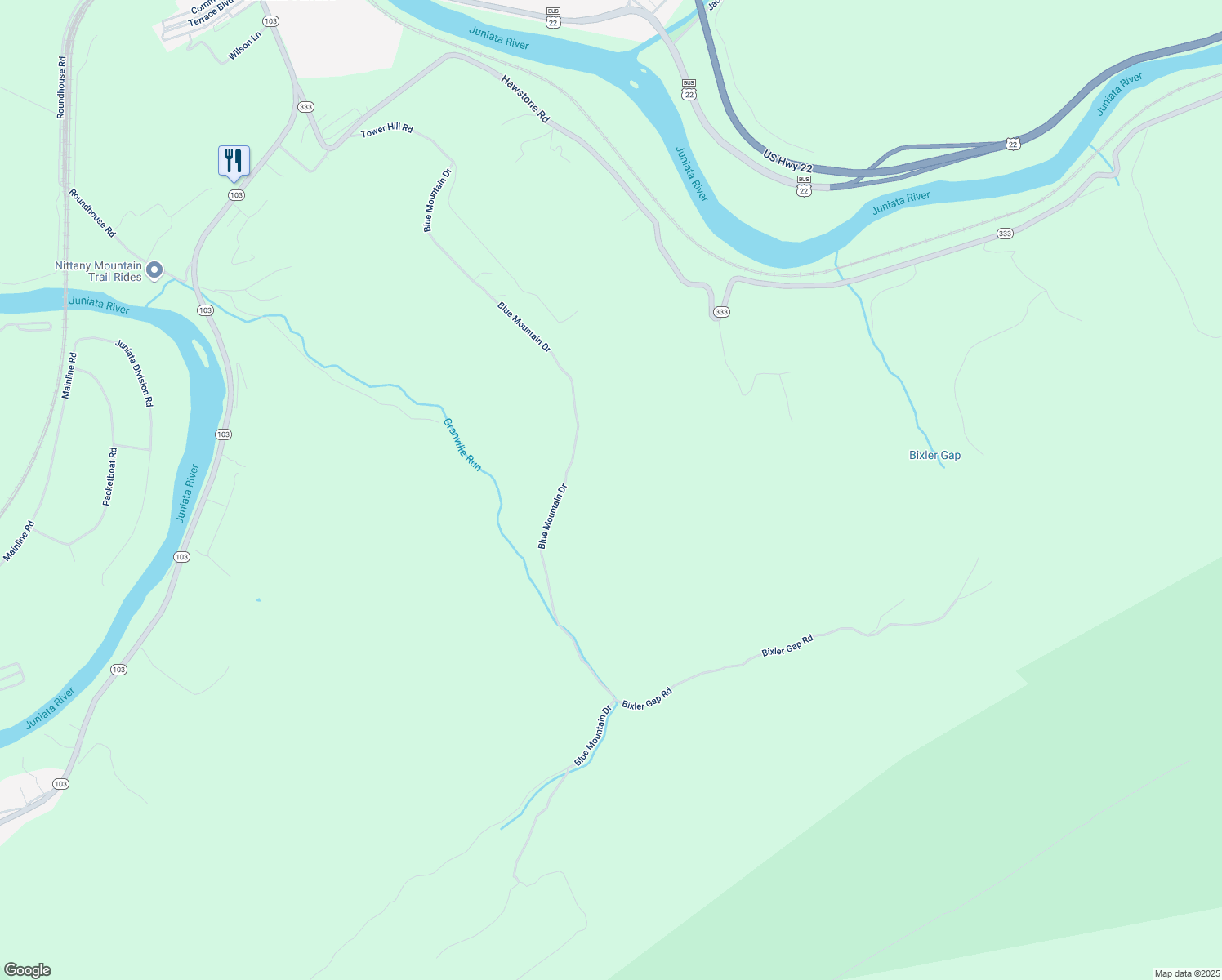 map of restaurants, bars, coffee shops, grocery stores, and more near 500 Blue Mountain Drive in Lewistown