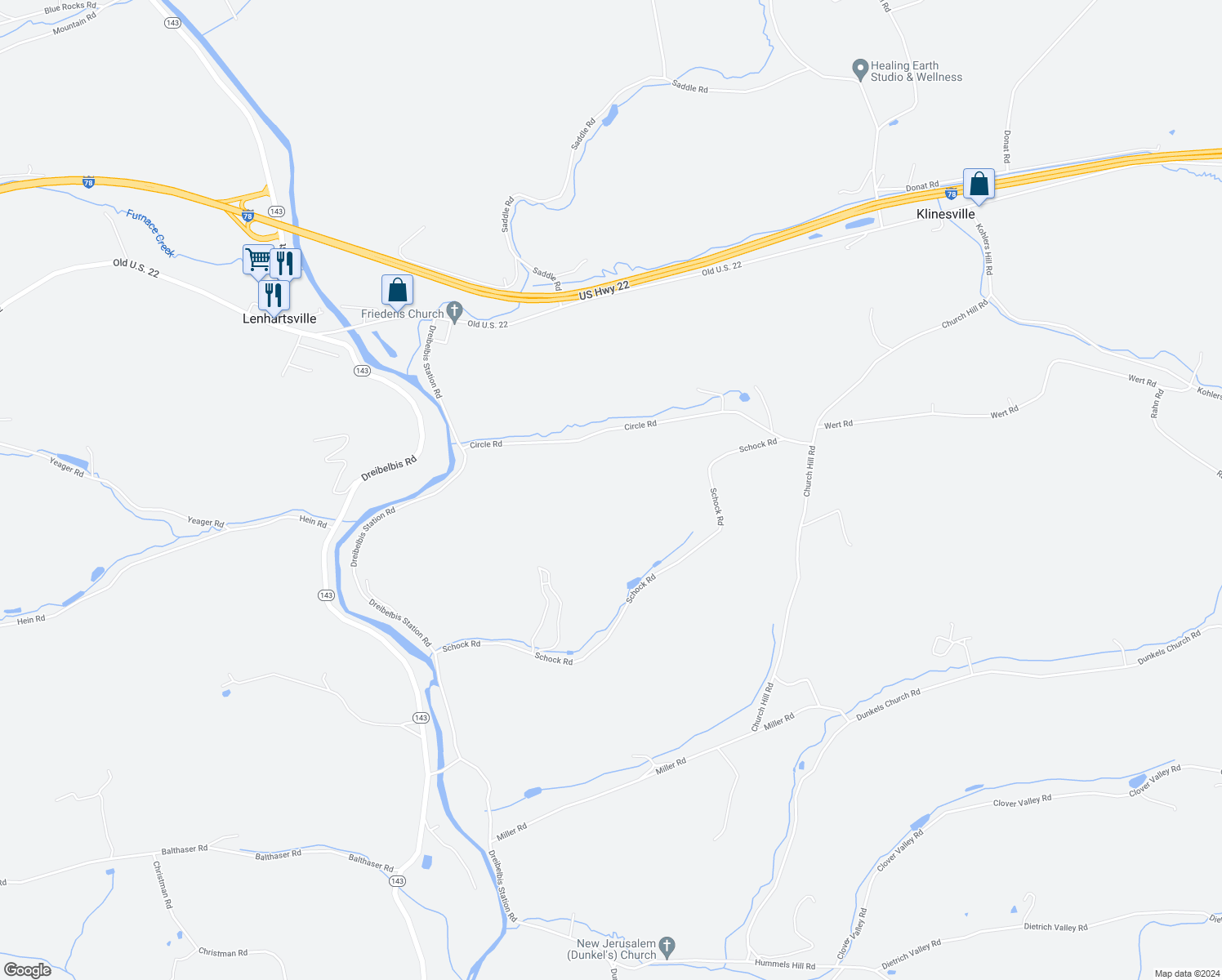map of restaurants, bars, coffee shops, grocery stores, and more near 133 Schock Road in Lenhartsville