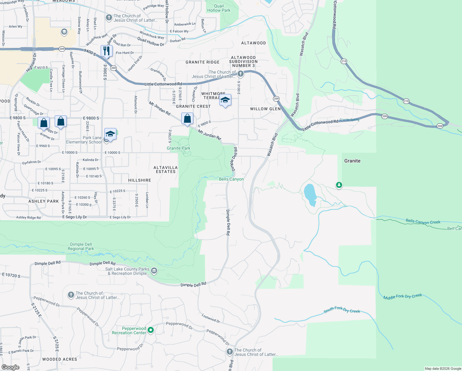 map of restaurants, bars, coffee shops, grocery stores, and more near 10191 Dimple Dell Rd in Sandy