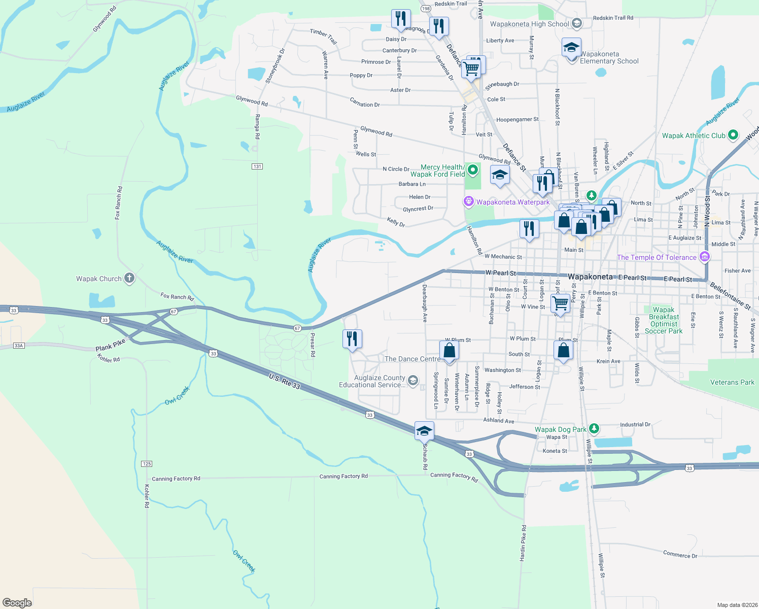 map of restaurants, bars, coffee shops, grocery stores, and more near 1011 W Auglaize St in Wapakoneta