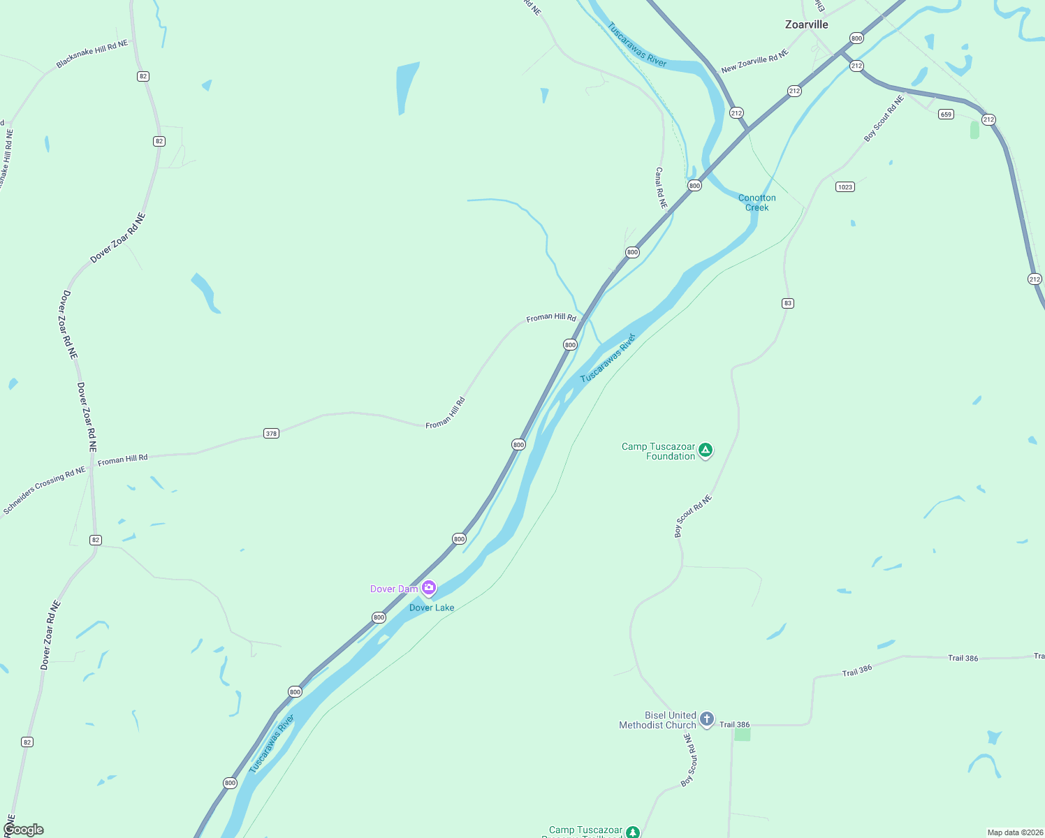 map of restaurants, bars, coffee shops, grocery stores, and more near 5540 Ohio 800 in Dover