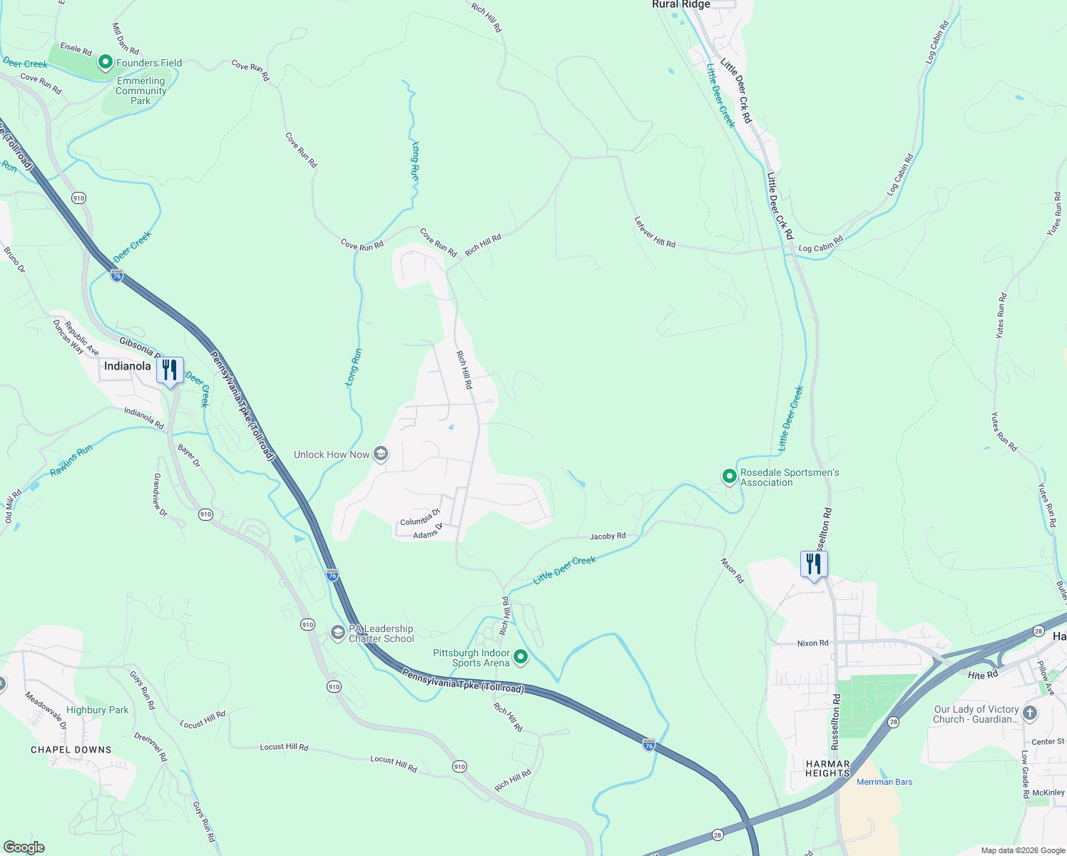 map of restaurants, bars, coffee shops, grocery stores, and more near 348 Rich Hill Road in Cheswick