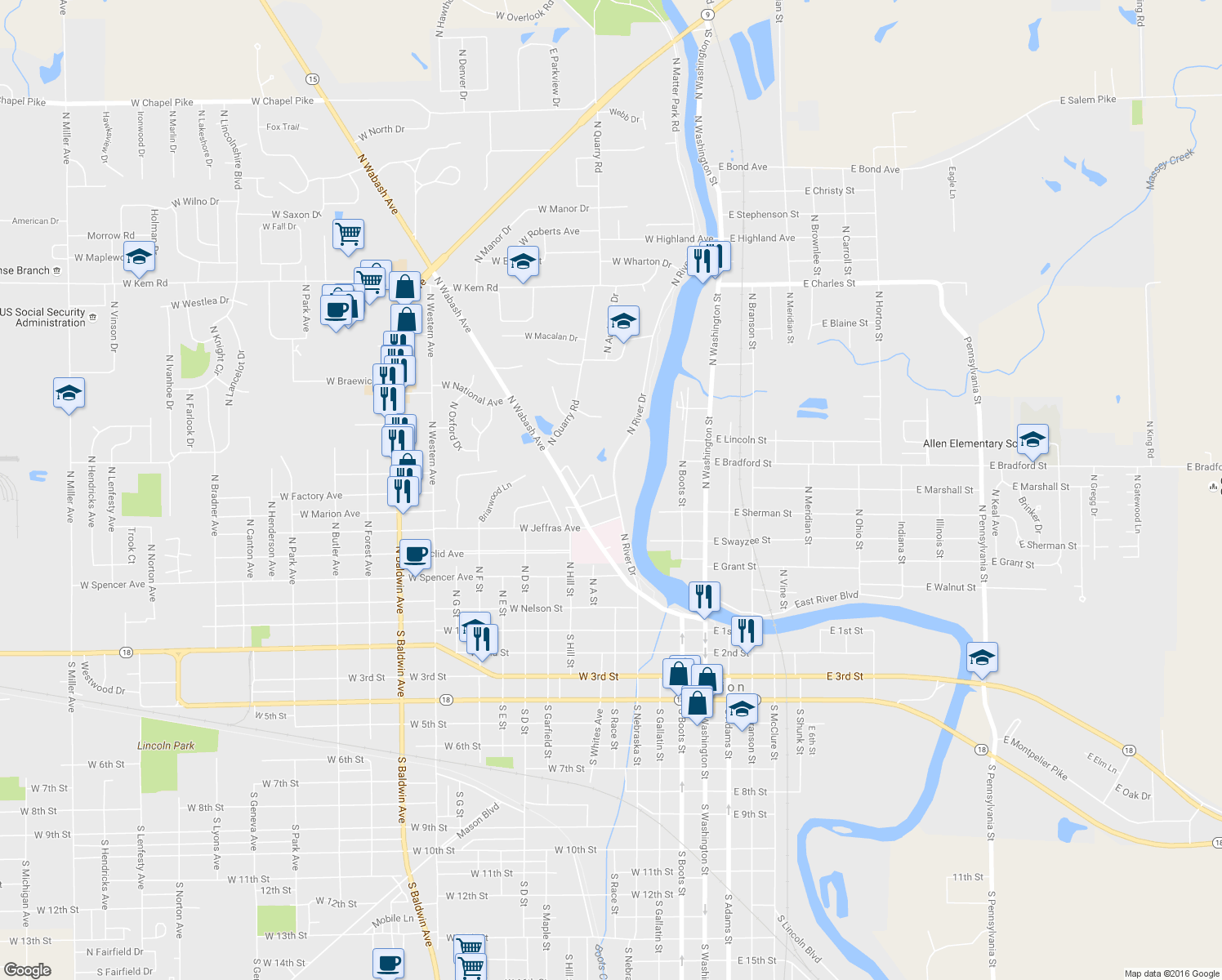 map of restaurants, bars, coffee shops, grocery stores, and more near 221 West Mulberry Street in Marion