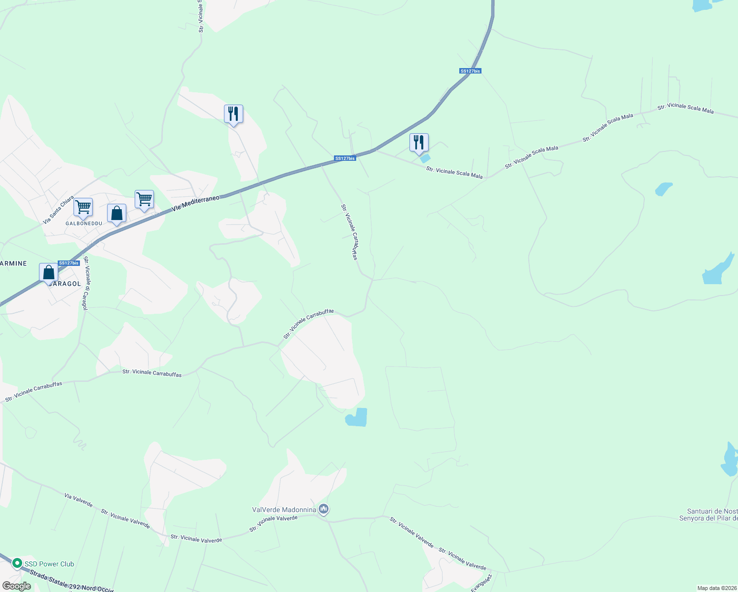 map of restaurants, bars, coffee shops, grocery stores, and more near 66 Strada Vicinale Carrabuffas in Provincia di Sassari