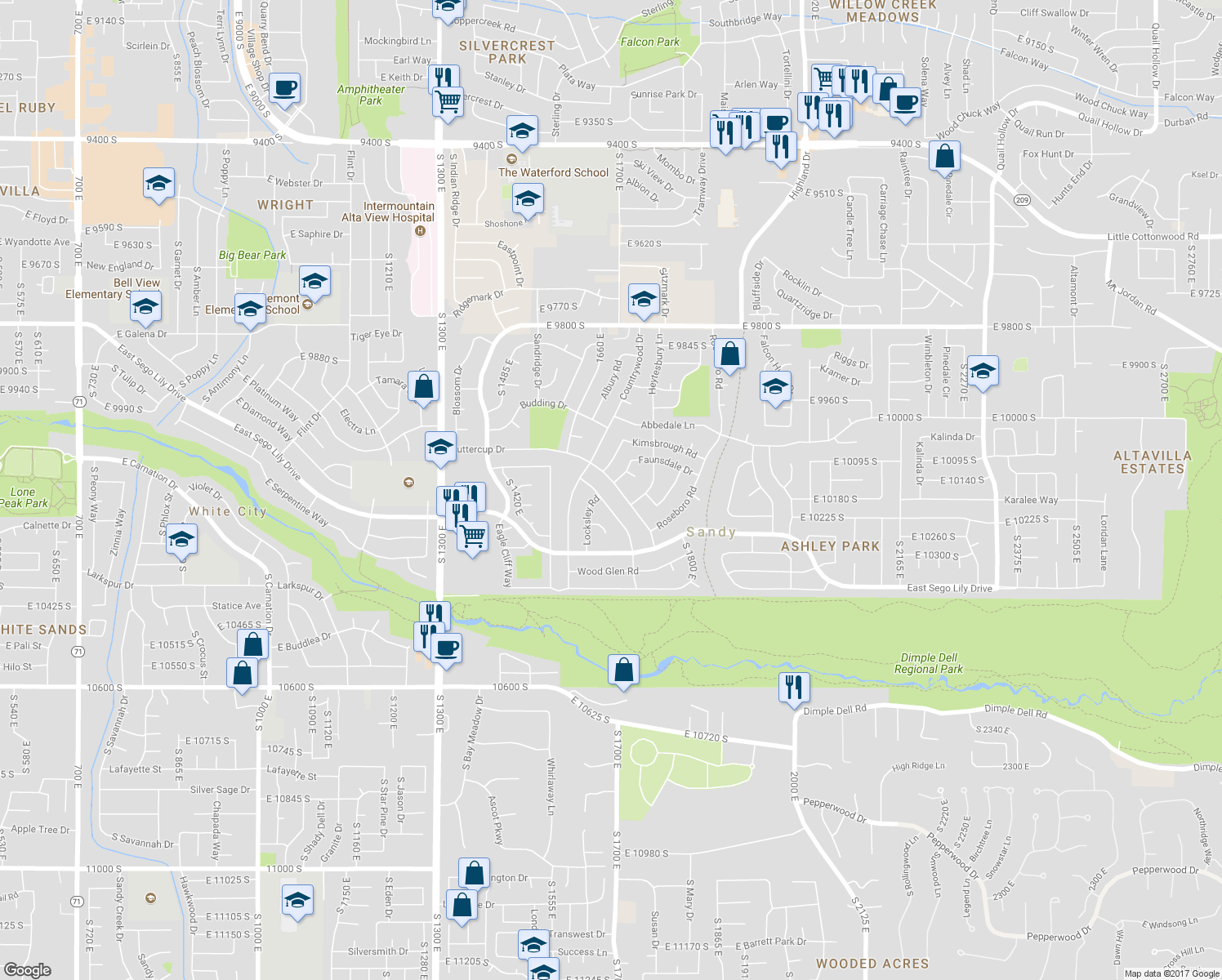 map of restaurants, bars, coffee shops, grocery stores, and more near 10158 Buttercup Drive in Sandy