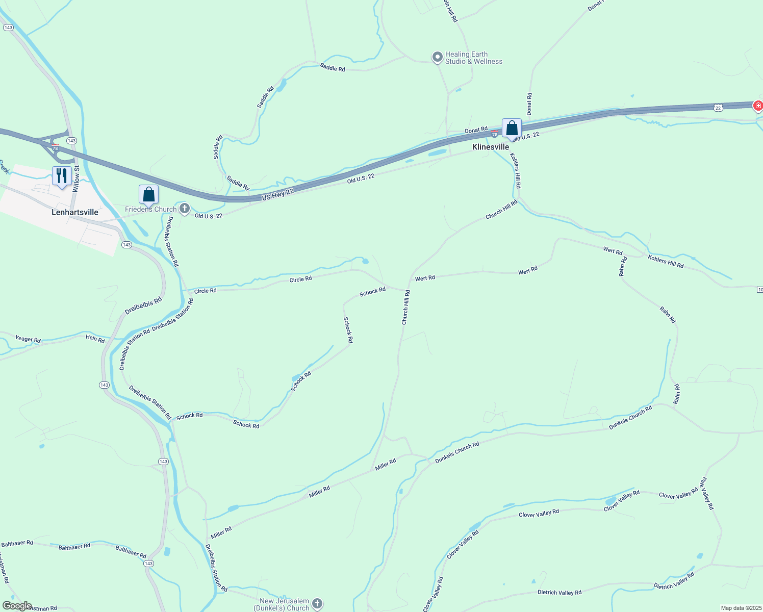 map of restaurants, bars, coffee shops, grocery stores, and more near 156 Church Hill Road in Lenhartsville