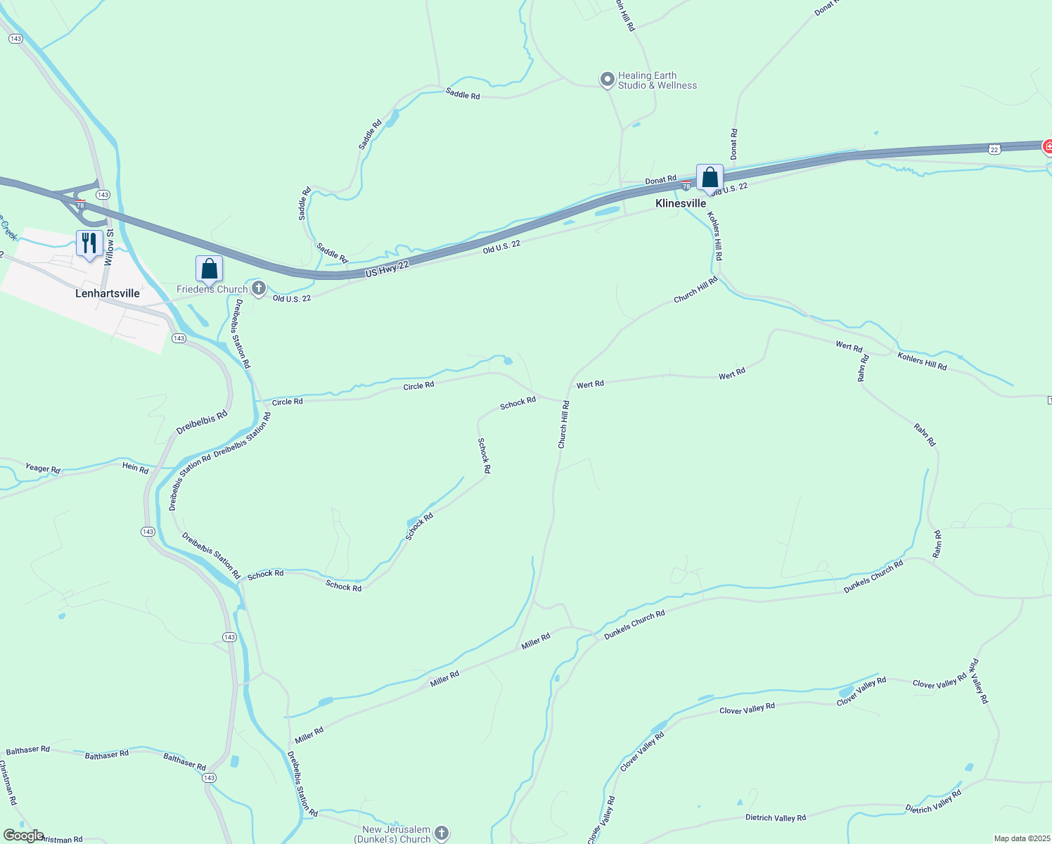 map of restaurants, bars, coffee shops, grocery stores, and more near 156 Church Hill Road in Lenhartsville