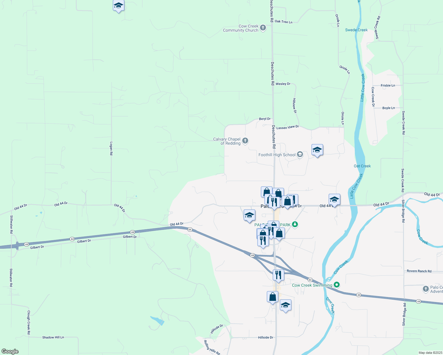 map of restaurants, bars, coffee shops, grocery stores, and more near 21700 Beryl Dr in Palo Cedro