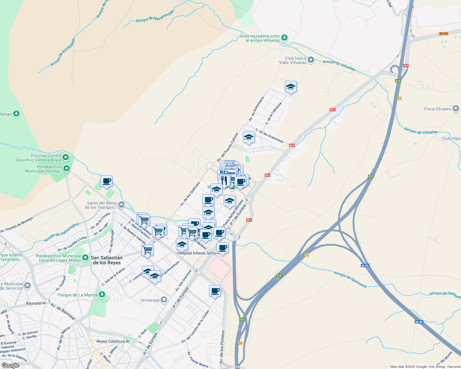 map of restaurants, bars, coffee shops, grocery stores, and more near Calle de Salvador de Madariaga in San Sebastián de los Reyes