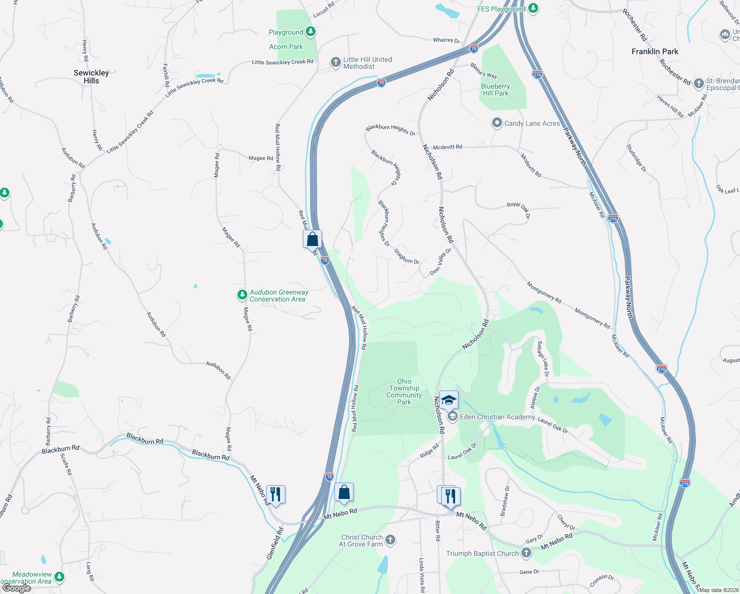 map of restaurants, bars, coffee shops, grocery stores, and more near 131 Summit Drive in Sewickley