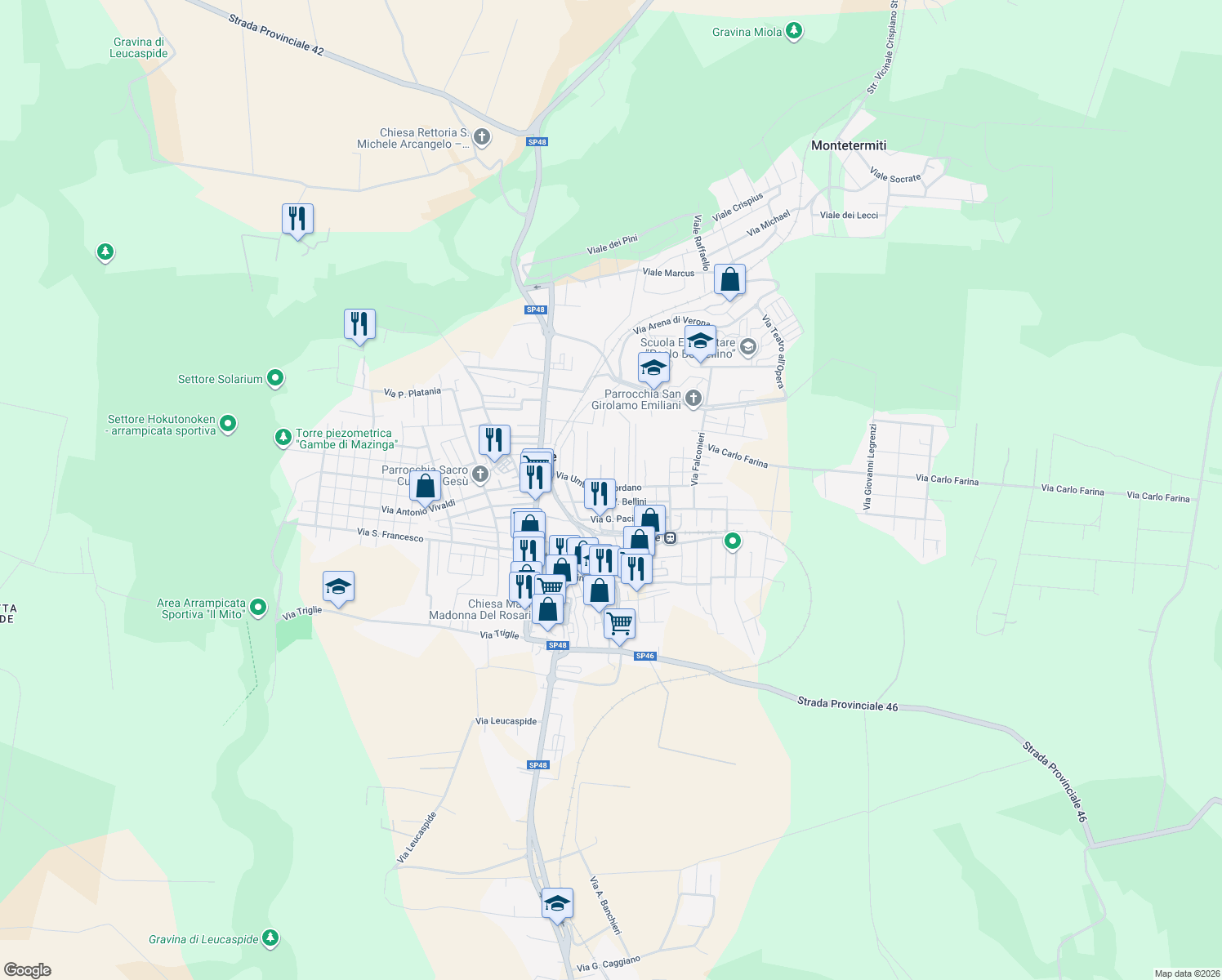 map of restaurants, bars, coffee shops, grocery stores, and more near 27 Via Umberto Giordano in Statte