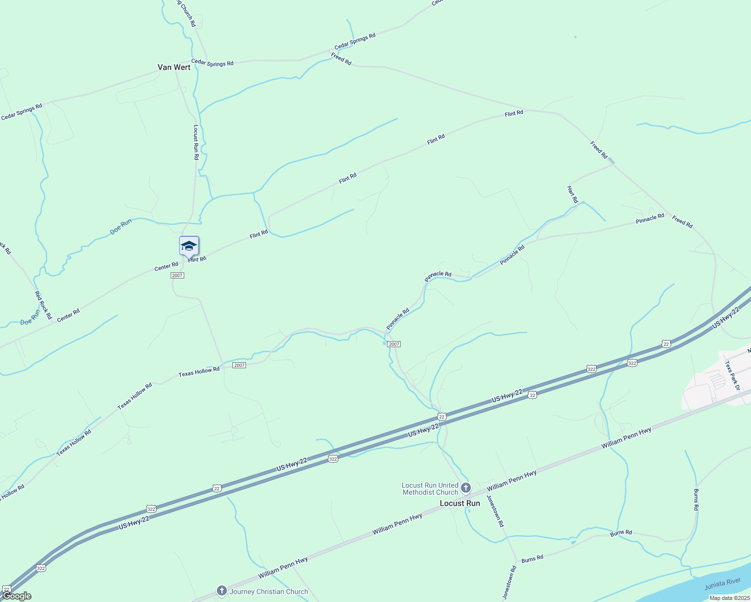 map of restaurants, bars, coffee shops, grocery stores, and more near 919 Locust Run Road in Mifflintown