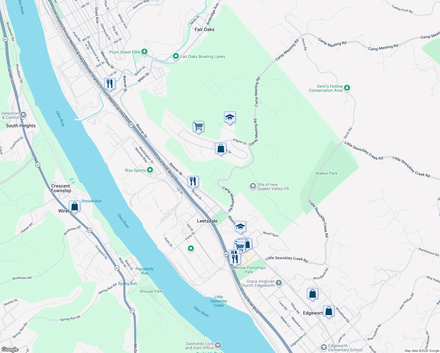 map of restaurants, bars, coffee shops, grocery stores, and more near 1 Myrtle Hill Road in Sewickley