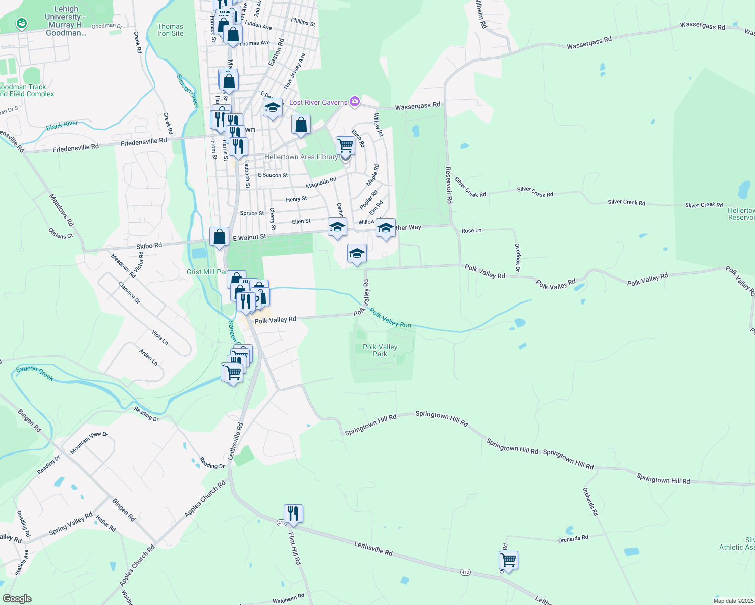 map of restaurants, bars, coffee shops, grocery stores, and more near 2088 Polk Valley Rd in Hellertown