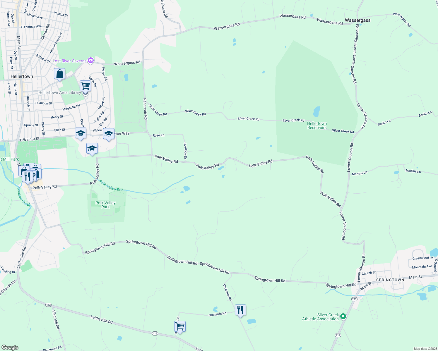 map of restaurants, bars, coffee shops, grocery stores, and more near 2274 Polk Valley Road in Hellertown