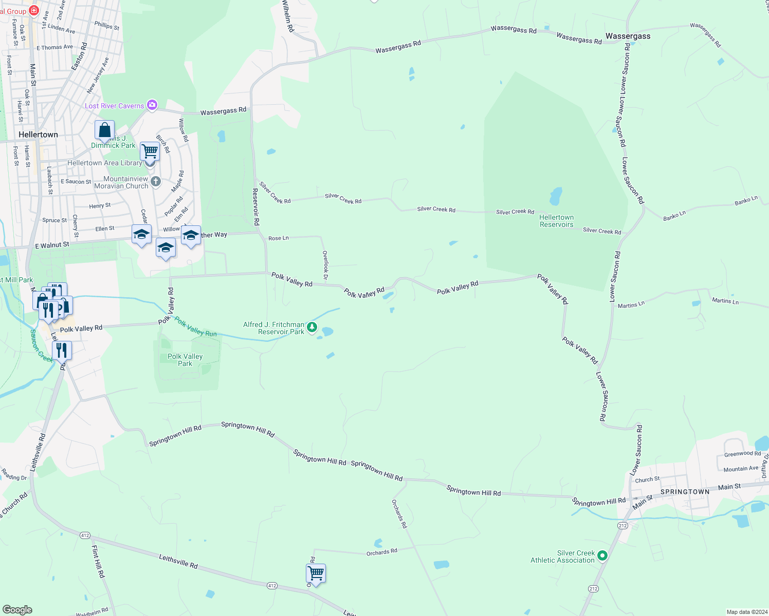 map of restaurants, bars, coffee shops, grocery stores, and more near 2274 Polk Valley Road in Hellertown