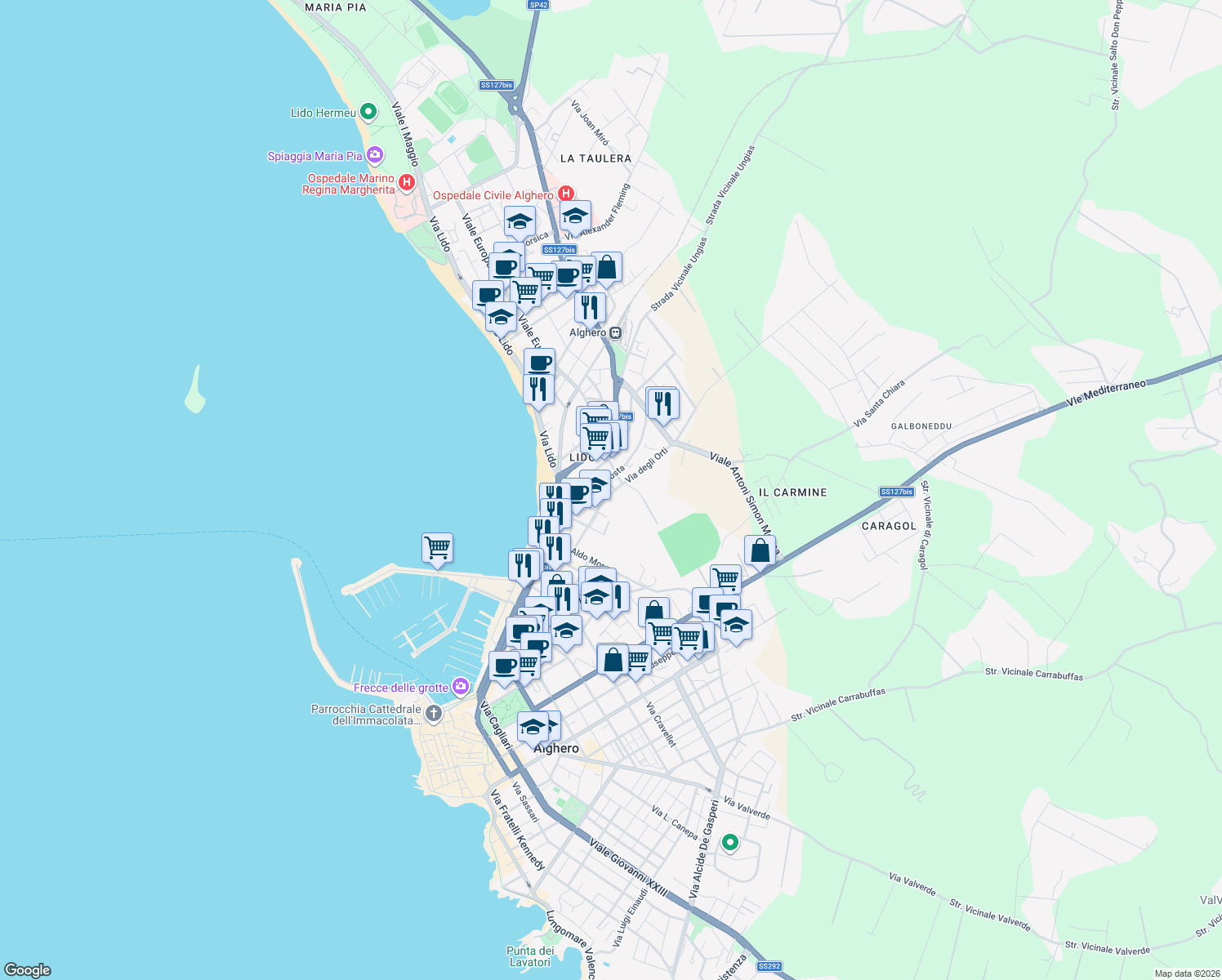 map of restaurants, bars, coffee shops, grocery stores, and more near 128 Via degli Orti in Alghero