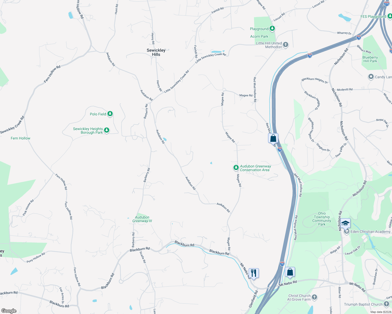 map of restaurants, bars, coffee shops, grocery stores, and more near 64 Audubon Road in Sewickley