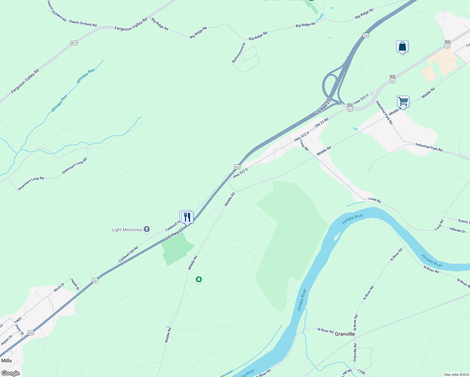 map of restaurants, bars, coffee shops, grocery stores, and more near 43 T381 in Lewistown