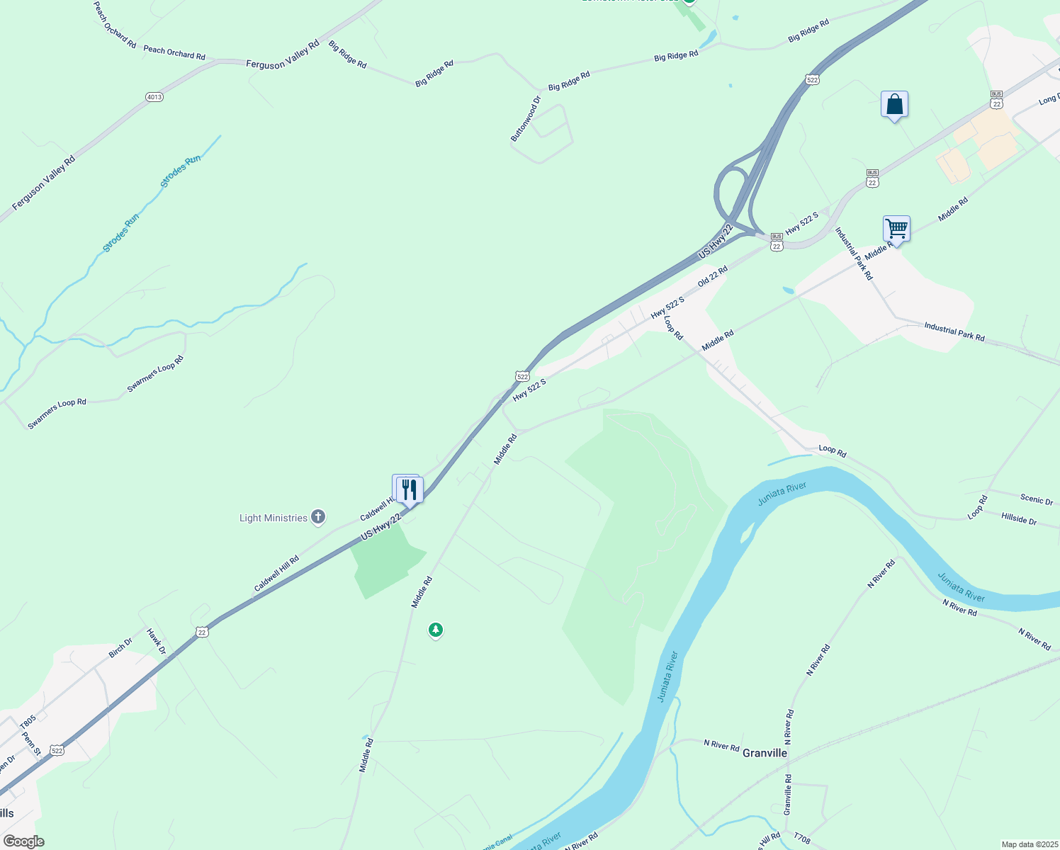 map of restaurants, bars, coffee shops, grocery stores, and more near 1525 Middle Road in Lewistown