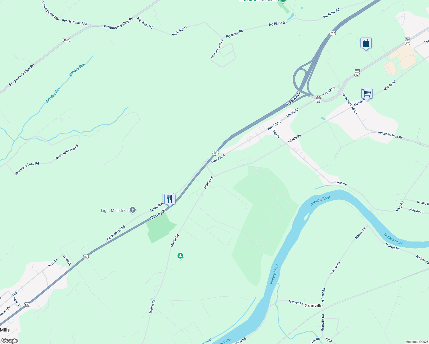 map of restaurants, bars, coffee shops, grocery stores, and more near 43 T381 in Lewistown