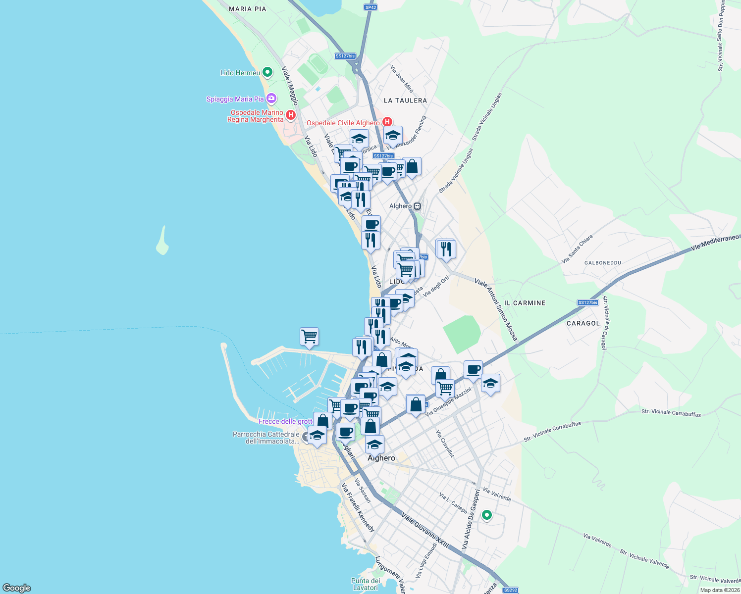 map of restaurants, bars, coffee shops, grocery stores, and more near in Alghero