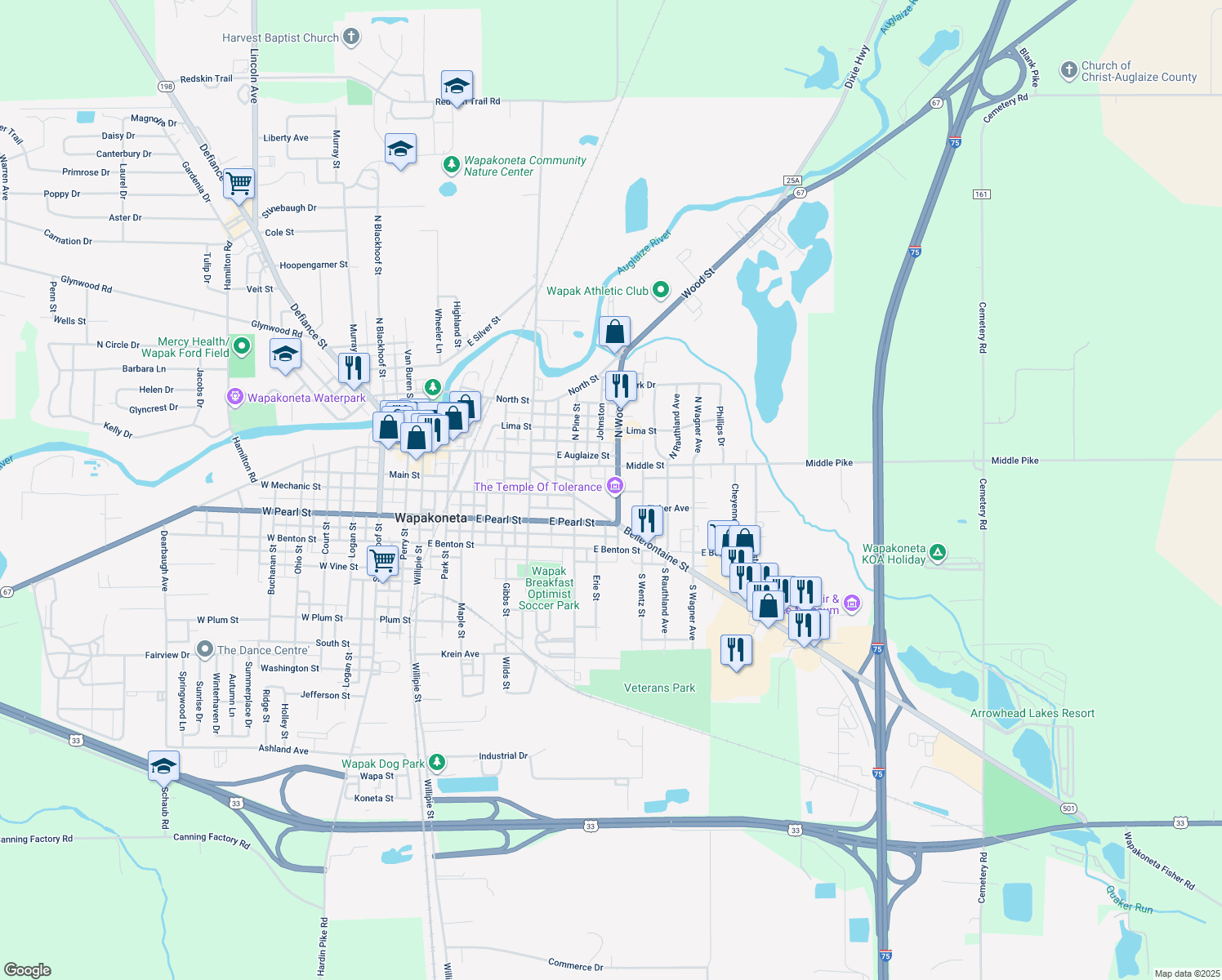 map of restaurants, bars, coffee shops, grocery stores, and more near 113 S Wood St in Wapakoneta