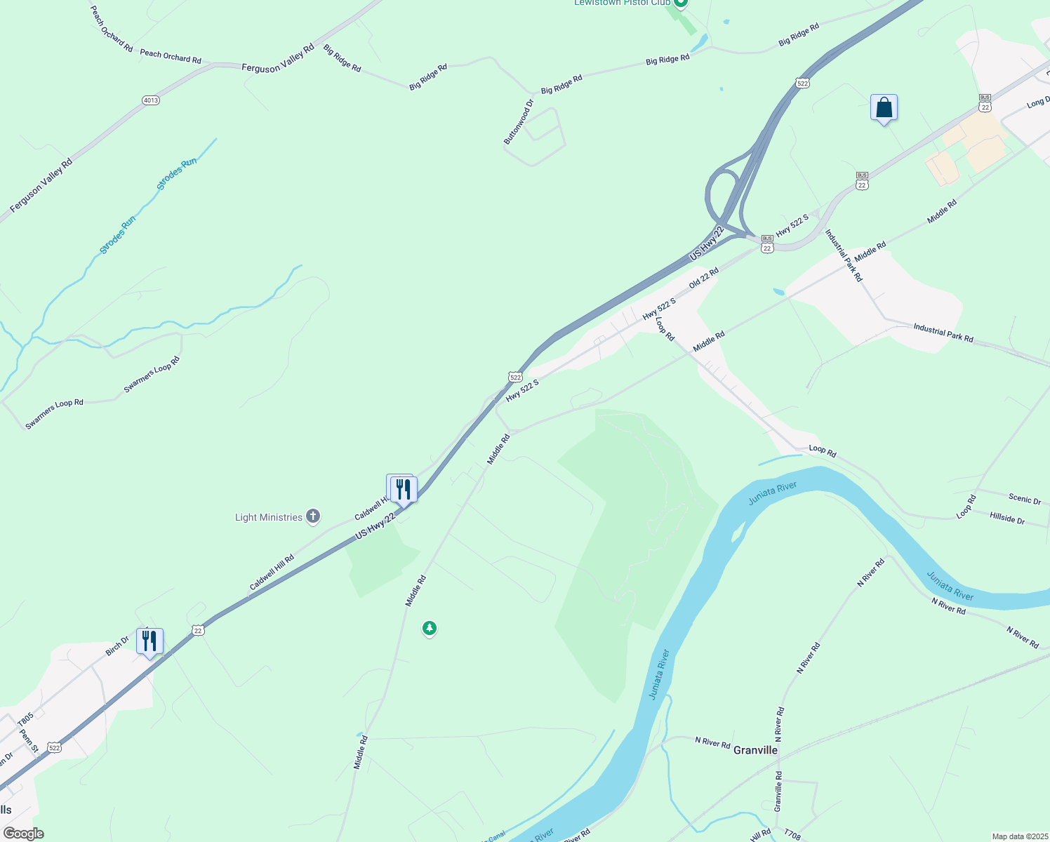 map of restaurants, bars, coffee shops, grocery stores, and more near 1525 Middle Road in Lewistown