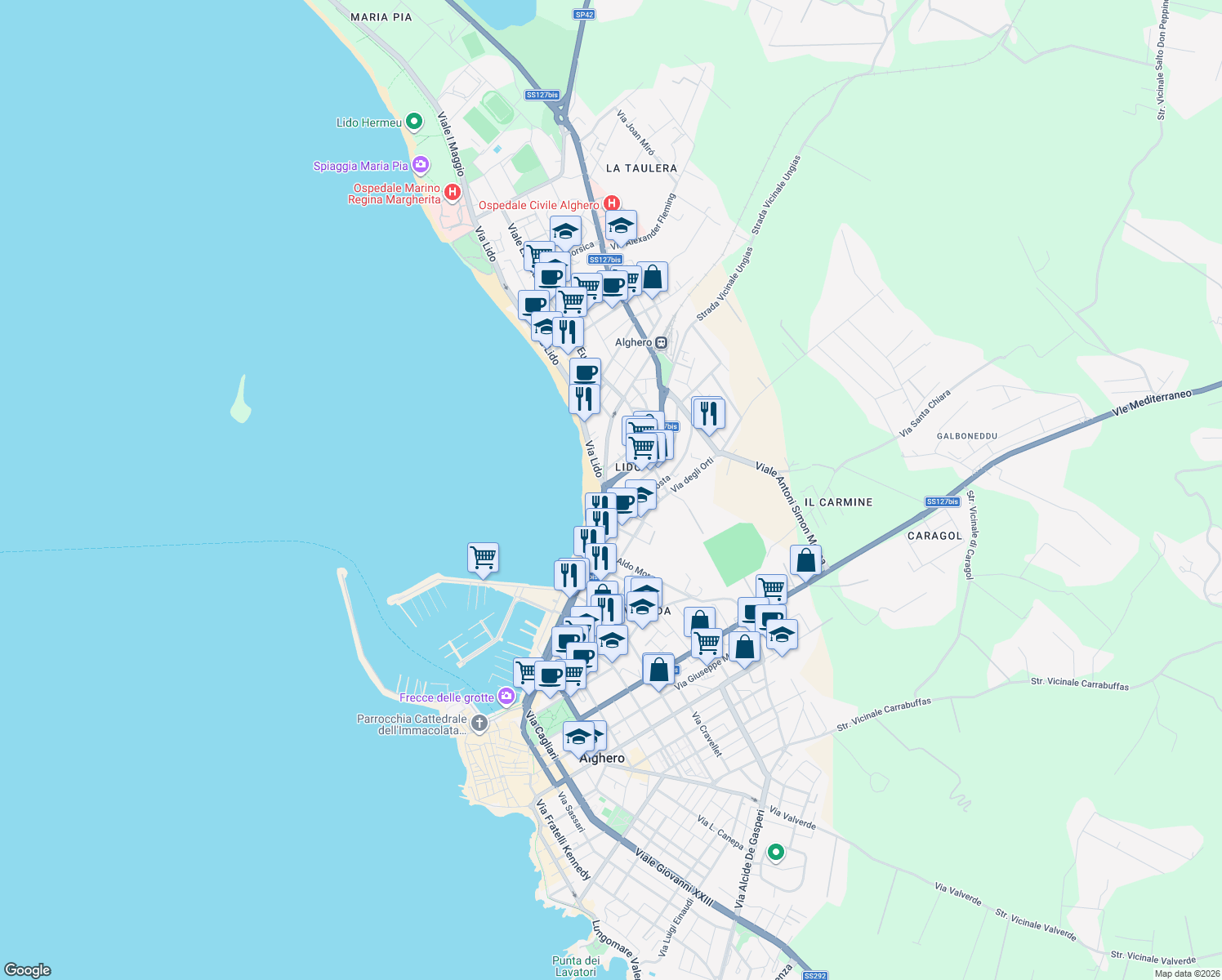 map of restaurants, bars, coffee shops, grocery stores, and more near 115 Via Giuseppe Garibaldi in Alghero
