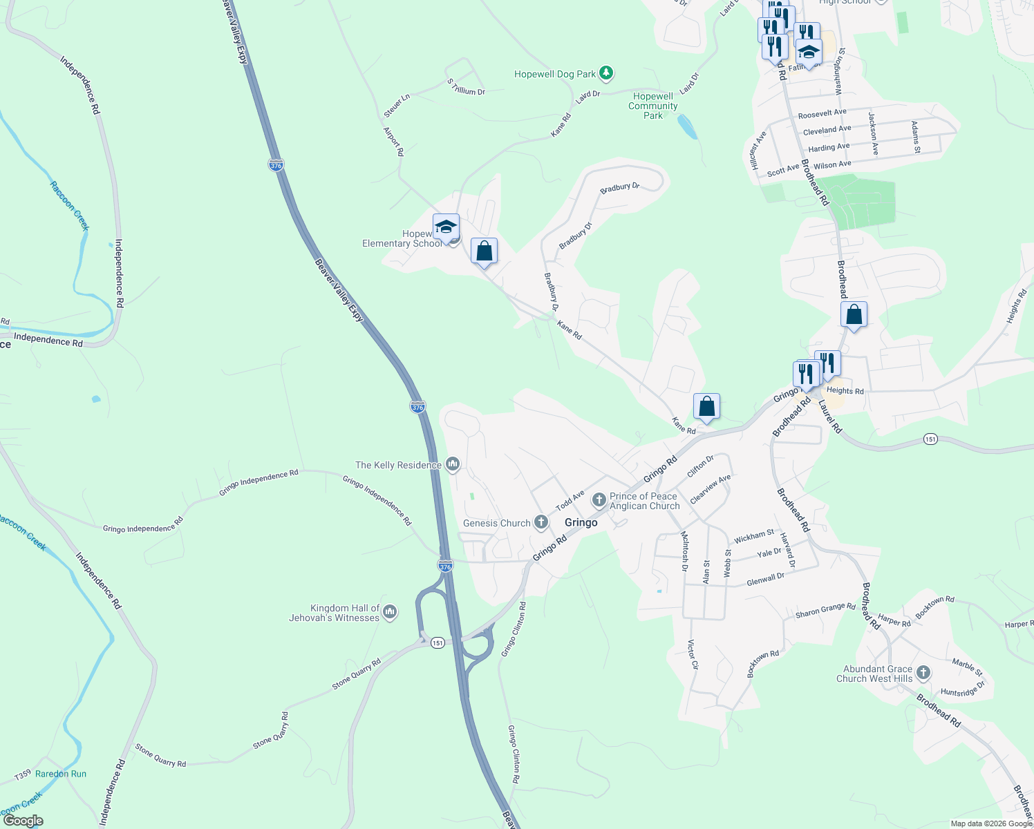 map of restaurants, bars, coffee shops, grocery stores, and more near 155 Buss Rd in Aliquippa