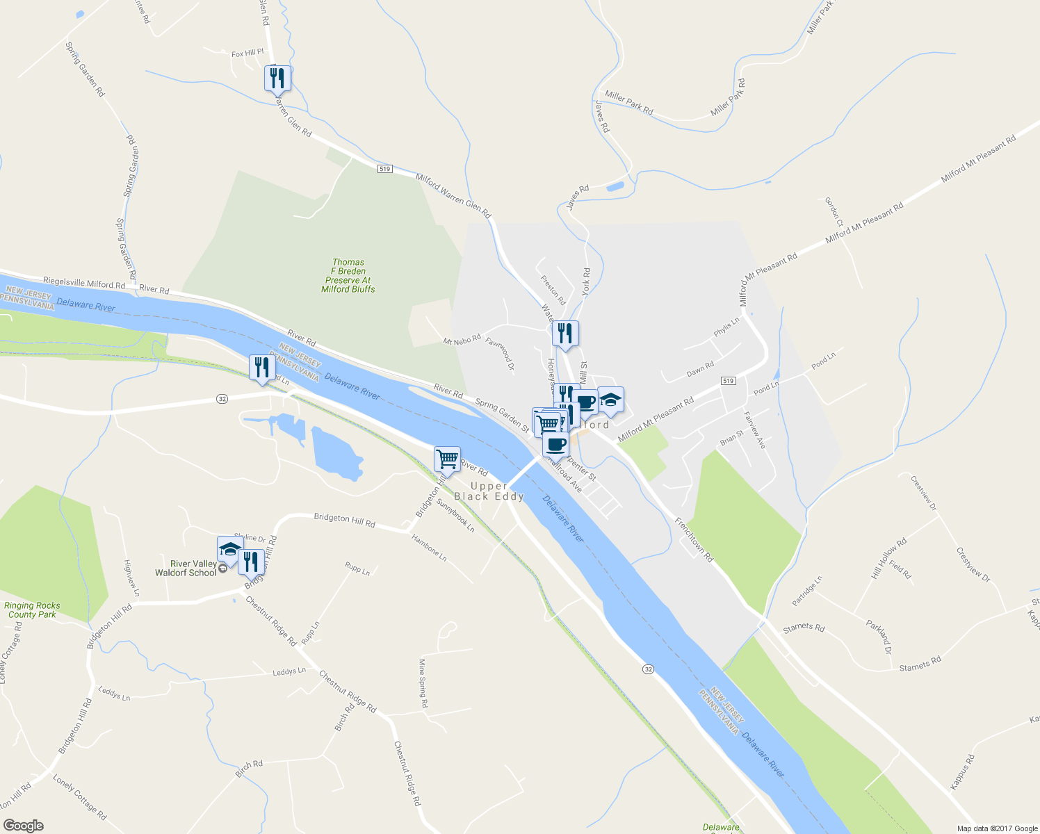 map of restaurants, bars, coffee shops, grocery stores, and more near 96 Spring Garden St in Milford